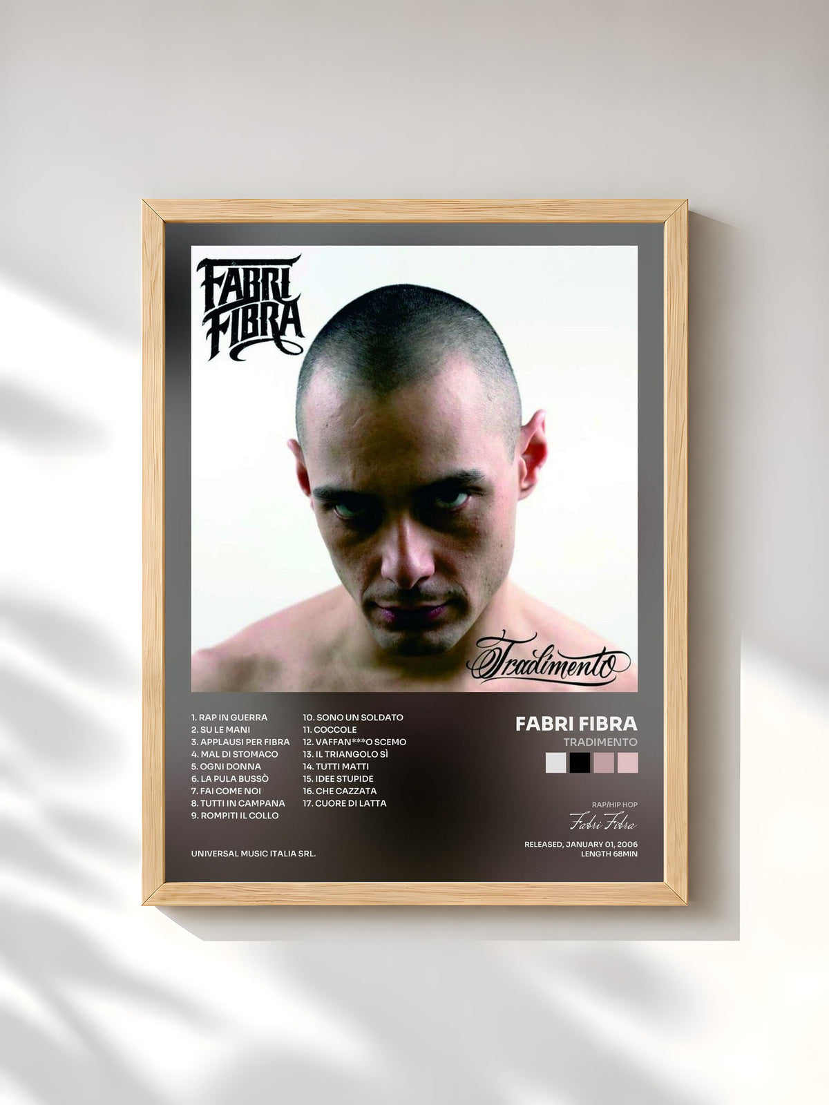 #bois Tableau de l'album Tradimento de Fabri Fibra, cadre en bois brut, imprimé et encadré en France