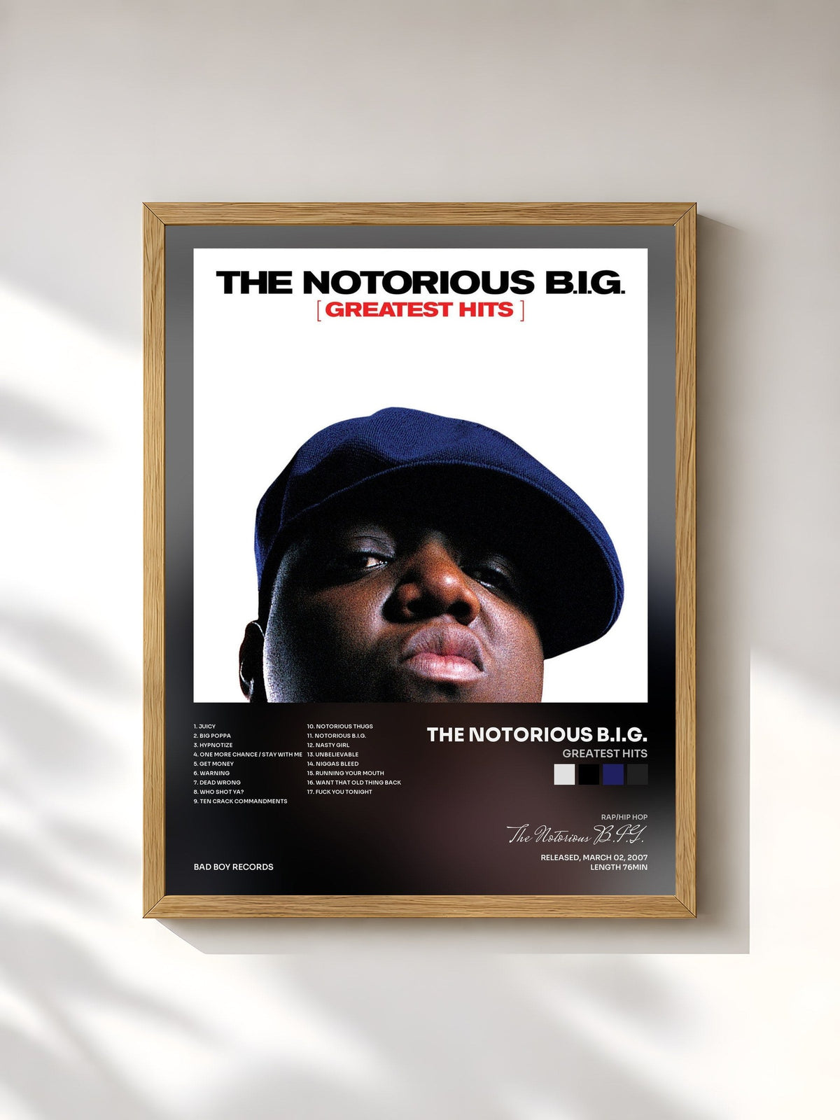 #bois Tableau de l'album Greatest Hits de The Notorious B.I.G., cadre en bois brut, imprimé et encadré en France