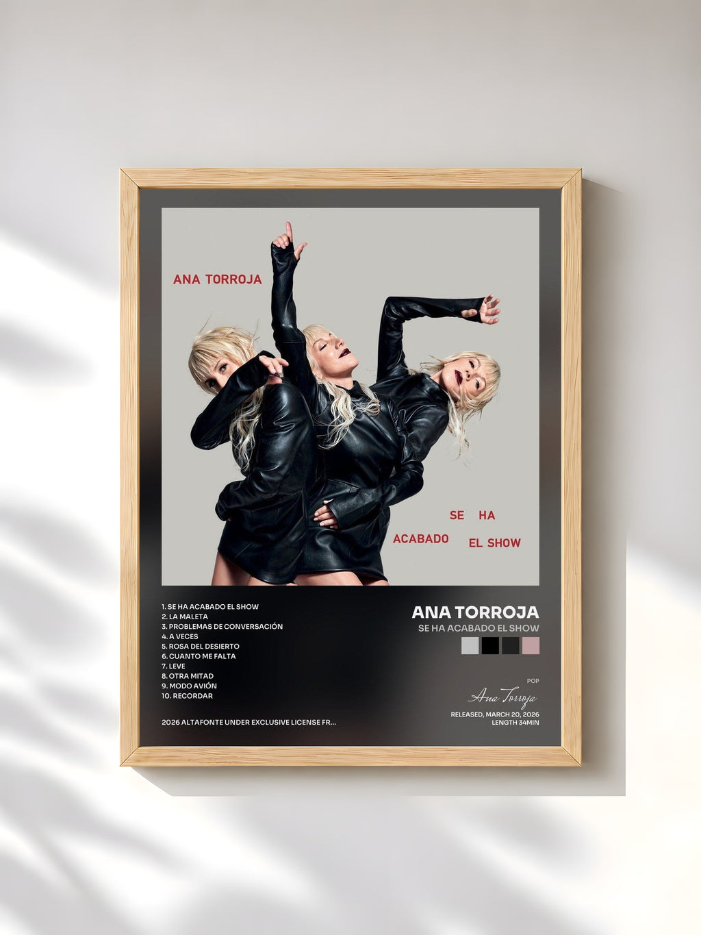 #bois Tableau de l'album Se Ha Acabado El Show de Ana Torroja, cadre en bois brut, imprimé et encadré en France
