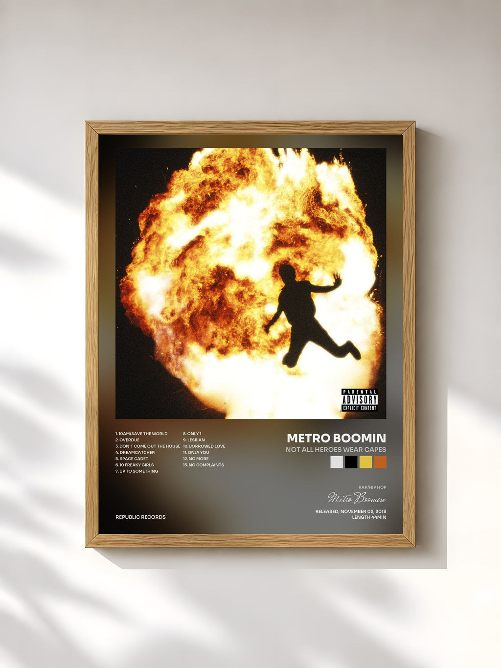 #bois Tableau de l'album NOT ALL HEROES WEAR CAPES de Metro Boomin, cadre en bois brut, imprimé et encadré en France