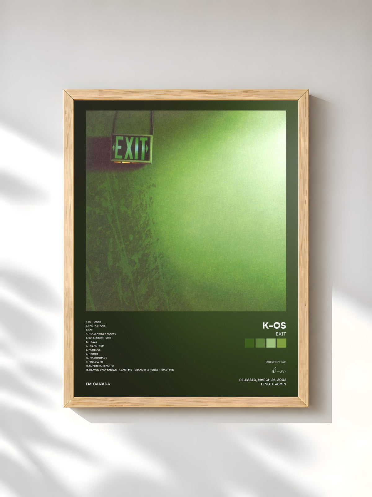#bois Tableau de l'album Exit de k-os, cadre en bois brut, imprimé et encadré en France