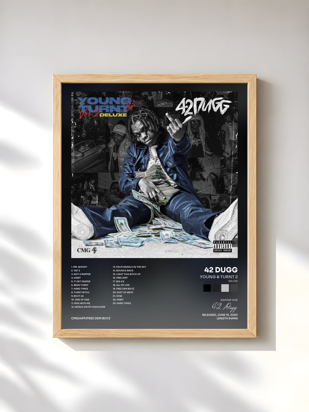 #bois Tableau de l'album Young & Turnt 2 (Deluxe) de 42 Dugg, cadre en bois brut, imprimé et encadré en France