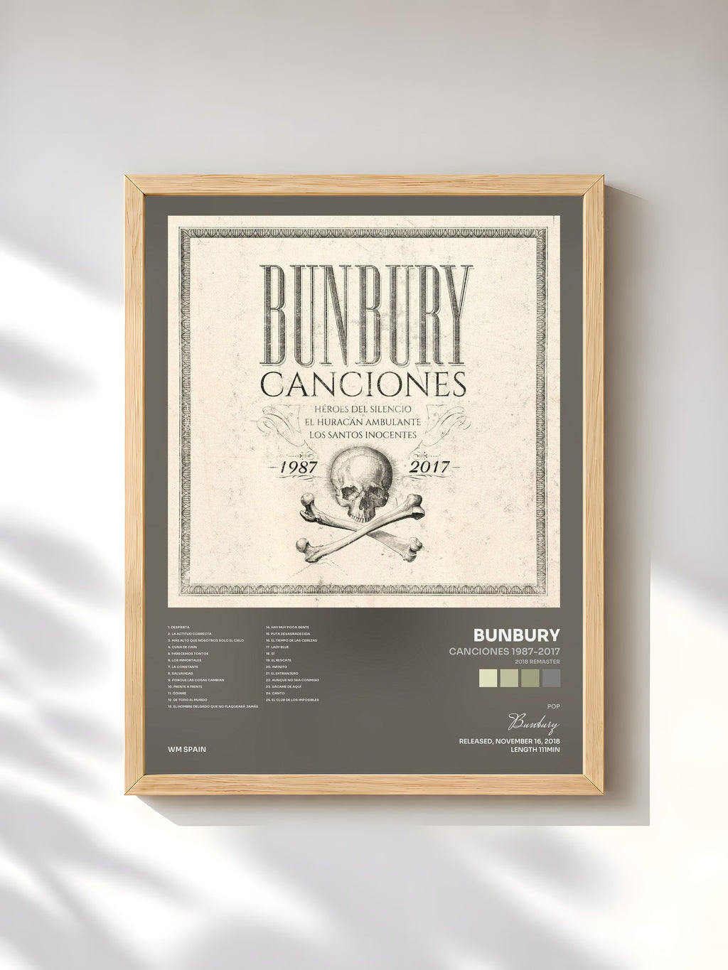 #bois Tableau de l'album Canciones 1987-2017 (2018 Remaster) de Bunbury, cadre en bois brut, imprimé et encadré en France