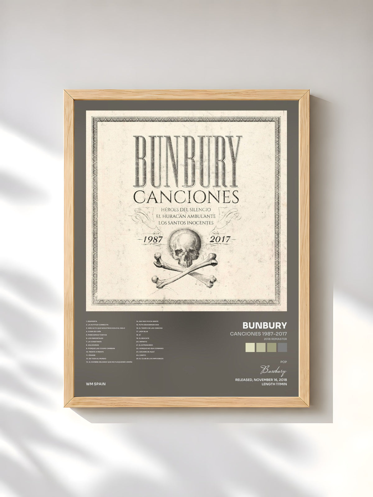 #bois Tableau de l'album Canciones 1987-2017 (2018 Remaster) de Bunbury, cadre en bois brut, imprimé et encadré en France