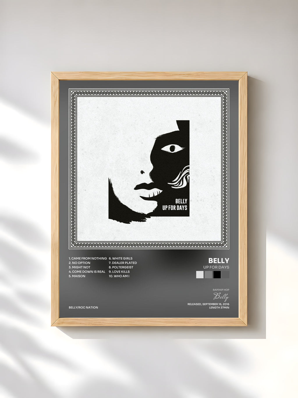 #bois Tableau de l'album Up For Days de Belly, cadre en bois brut, imprimé et encadré en France