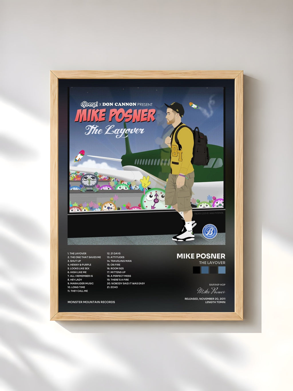 #bois Tableau de l'album The Layover de Mike Posner, cadre en bois brut, imprimé et encadré en France