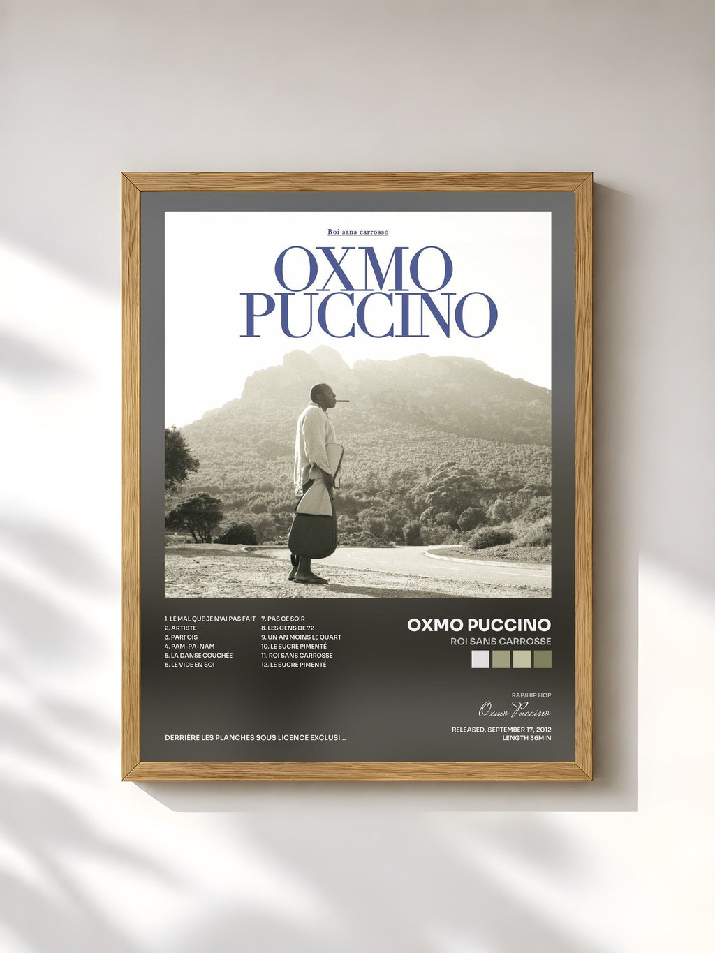 #bois Tableau de l'album Roi sans carrosse de Oxmo Puccino, cadre en bois brut, imprimé et encadré en France