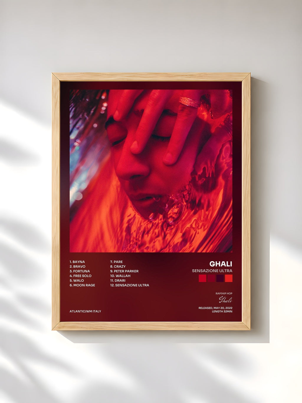 #bois Tableau de l'album Sensazione ultra de Ghali, cadre en bois brut, imprimé et encadré en France