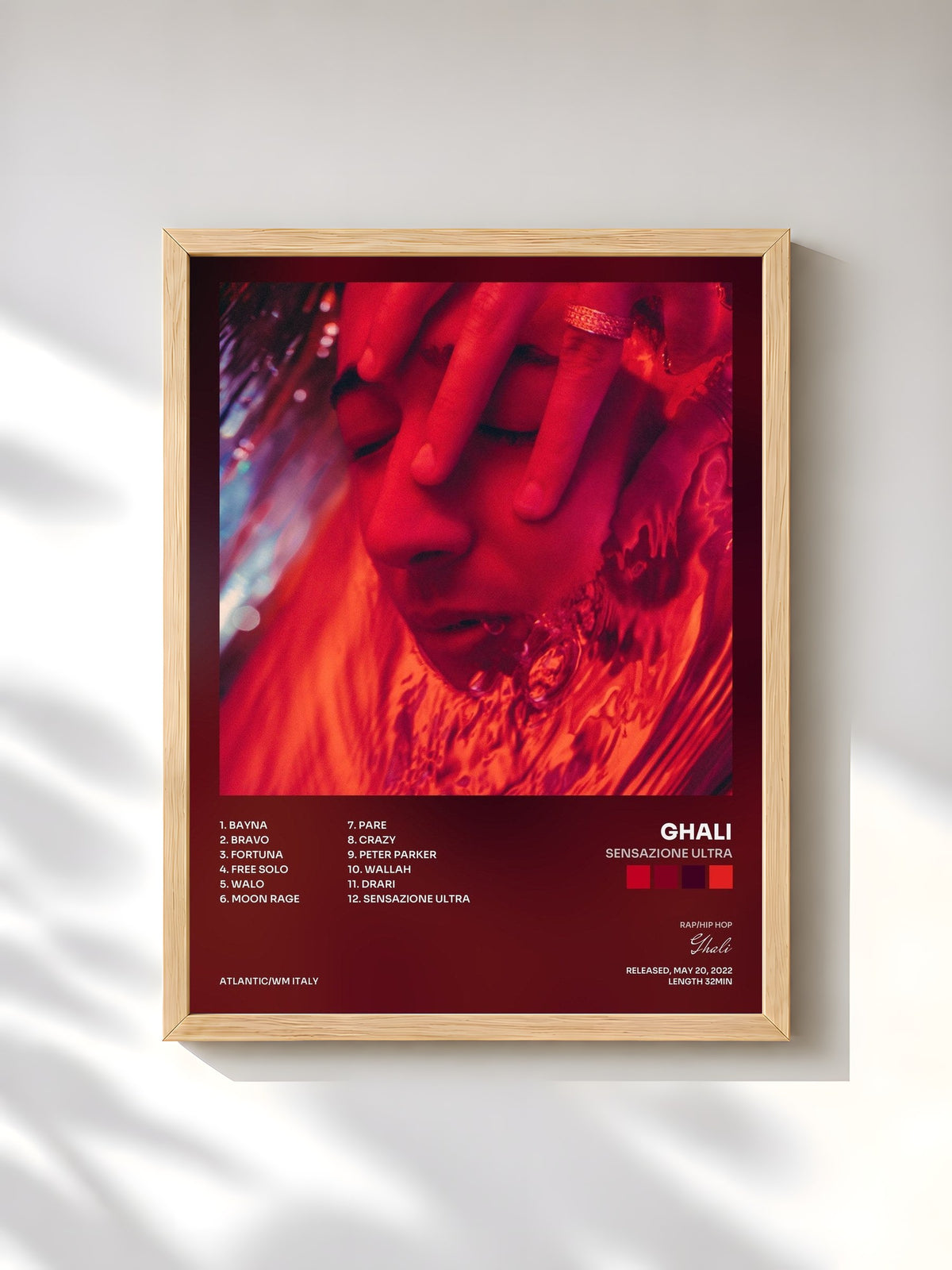 #bois Tableau de l'album Sensazione ultra de Ghali, cadre en bois brut, imprimé et encadré en France