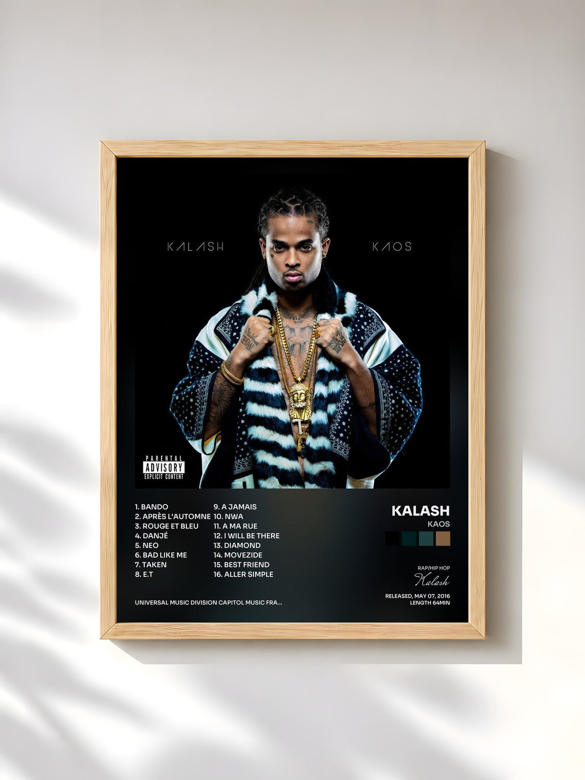 #bois Tableau de l'album Kaos de Kalash, cadre en bois brut, imprimé et encadré en France