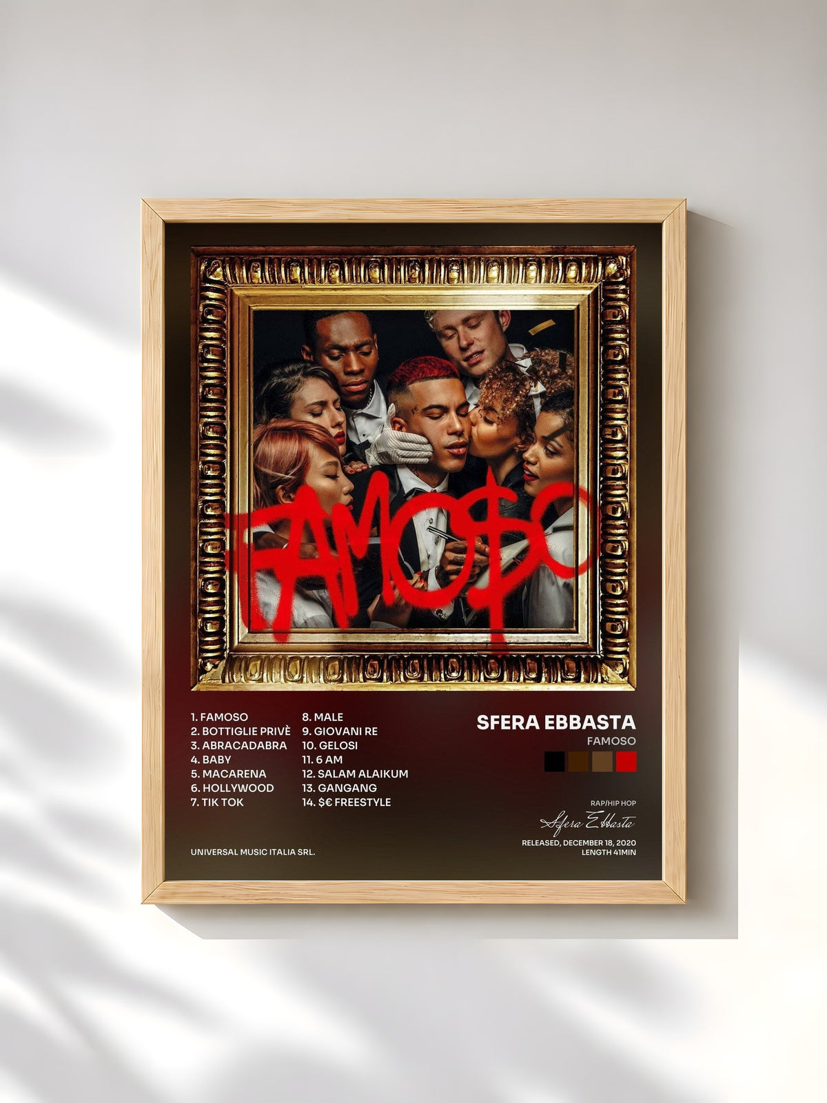 #bois Tableau de l'album Famoso de Sfera Ebbasta, cadre en bois brut, imprimé et encadré en France