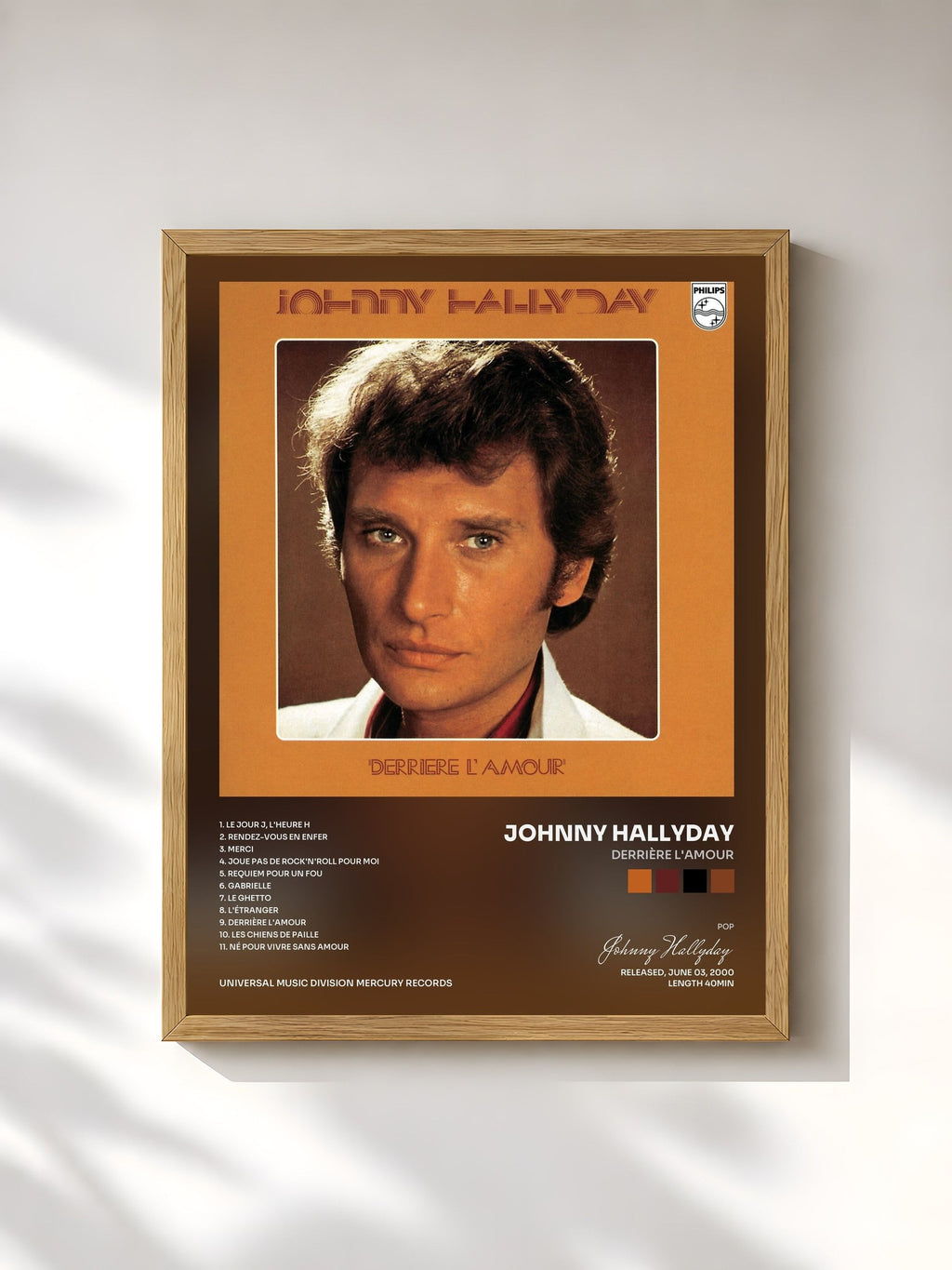 #bois Tableau de l'album Derrière l'amour de Johnny Hallyday, cadre en bois brut, imprimé et encadré en France
