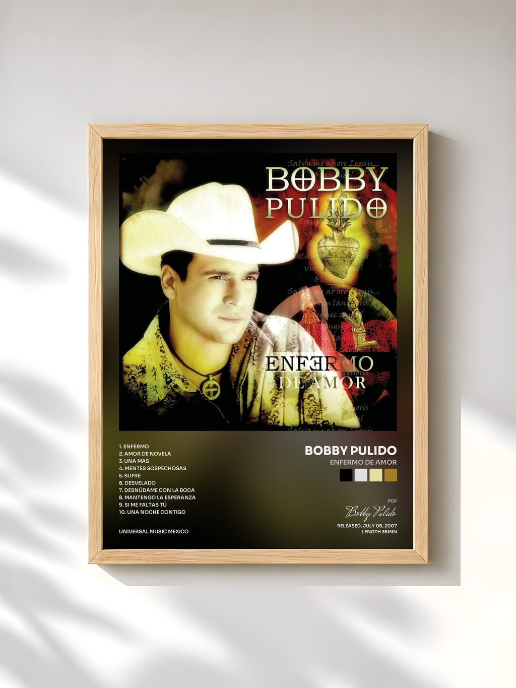 #bois Tableau de l'album Enfermo De Amor de Bobby Pulido, cadre en bois brut, imprimé et encadré en France