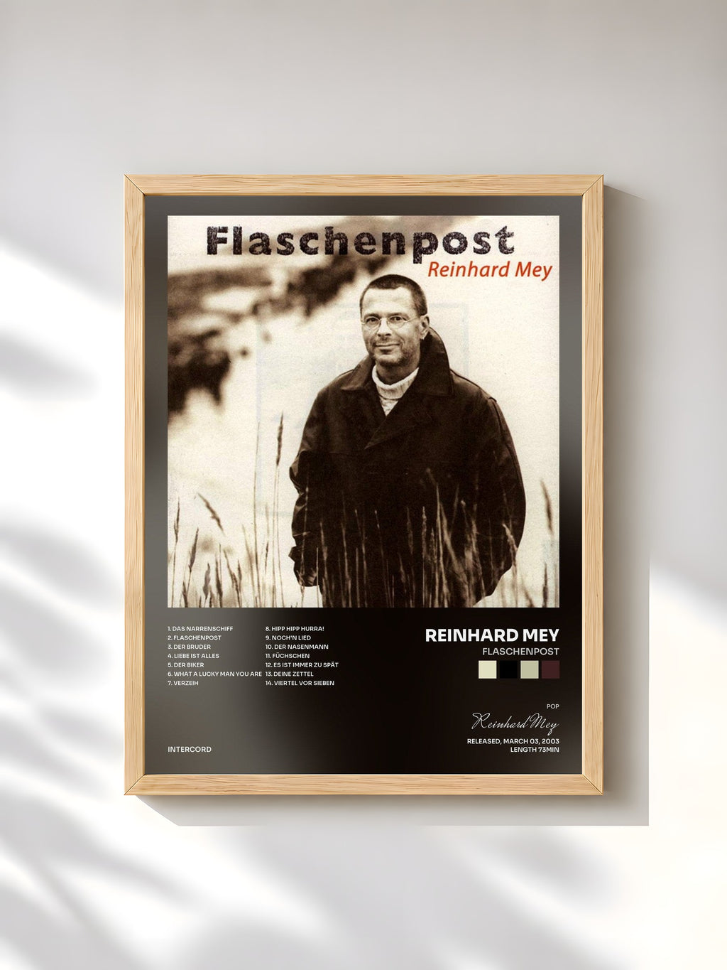#bois Tableau de l'album Flaschenpost de Reinhard Mey, cadre en bois brut, imprimé et encadré en France