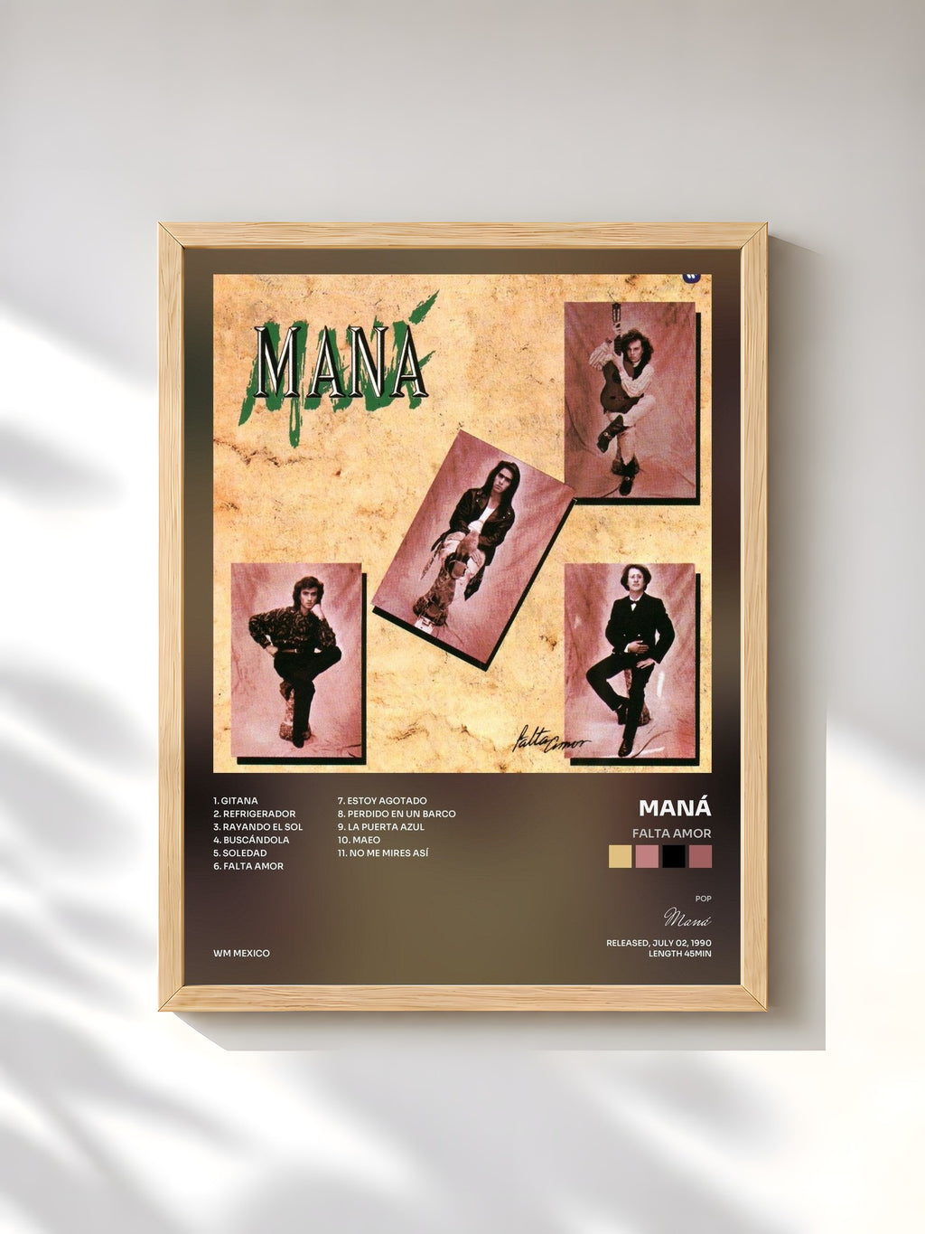 #bois Tableau de l'album Falta Amor de Maná, cadre en bois brut, imprimé et encadré en France