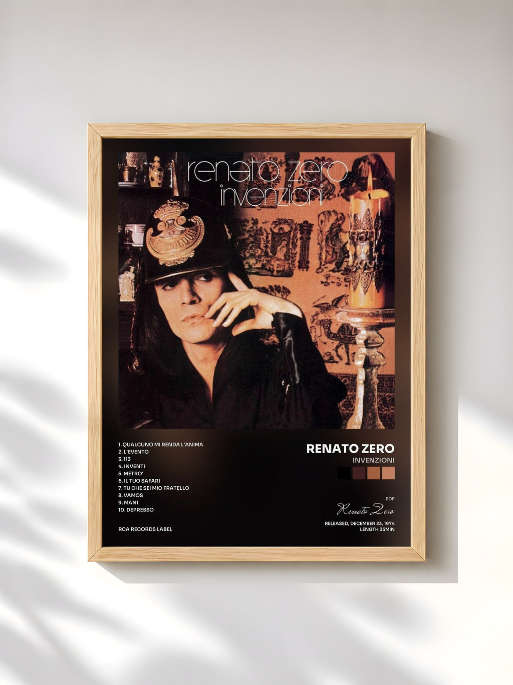 #bois Tableau de l'album Invenzioni de Renato Zero, cadre en bois brut, imprimé et encadré en France