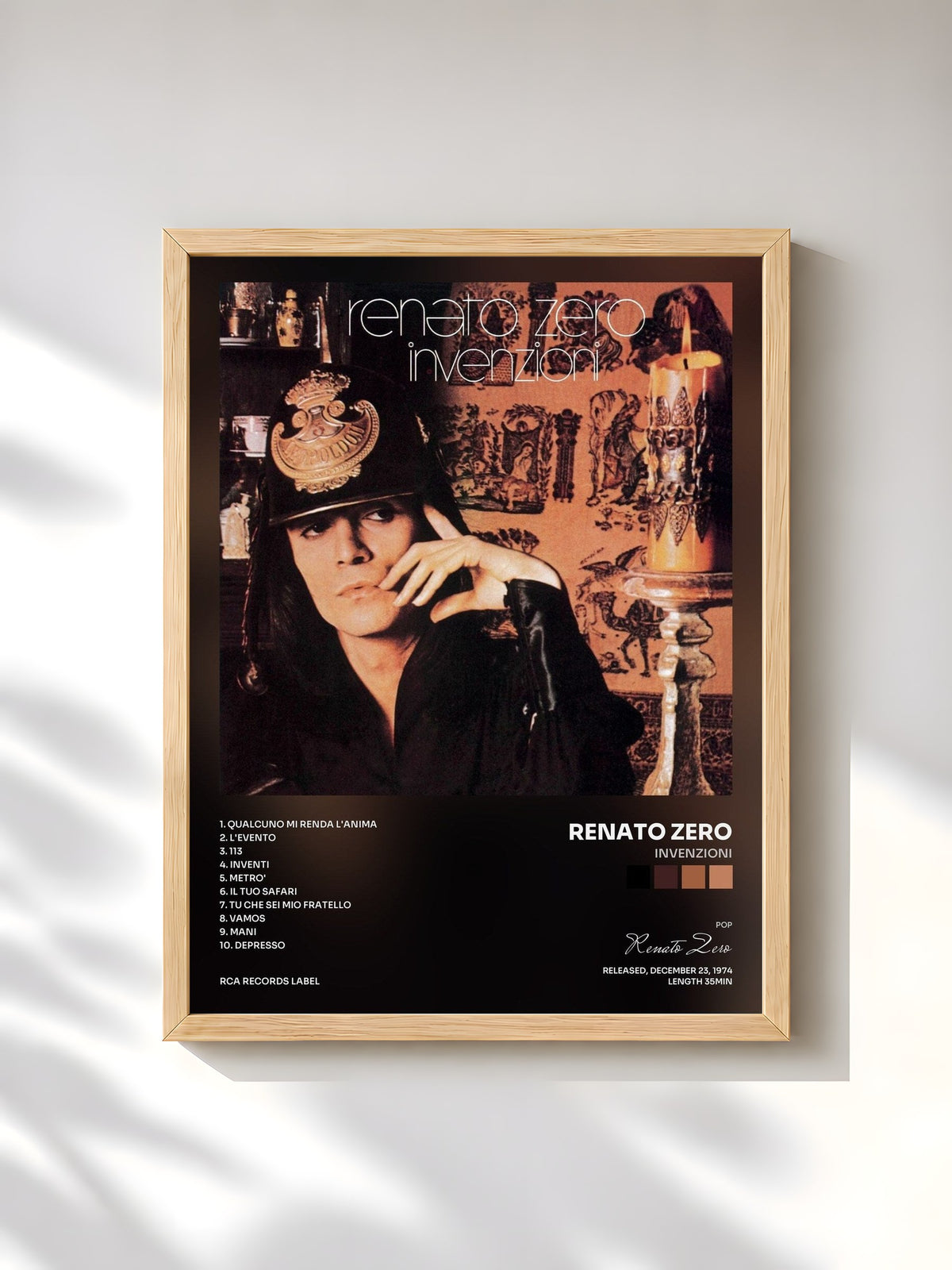 #bois Tableau de l'album Invenzioni de Renato Zero, cadre en bois brut, imprimé et encadré en France