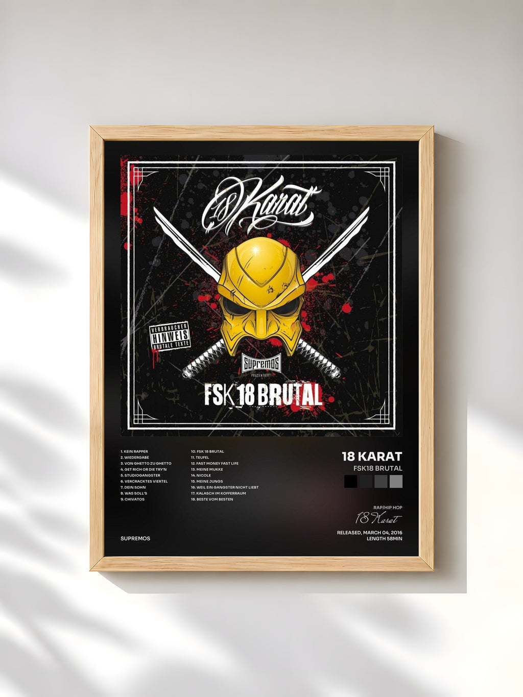 #bois Tableau de l'album FSK18 Brutal de 18 Karat, cadre en bois brut, imprimé et encadré en France