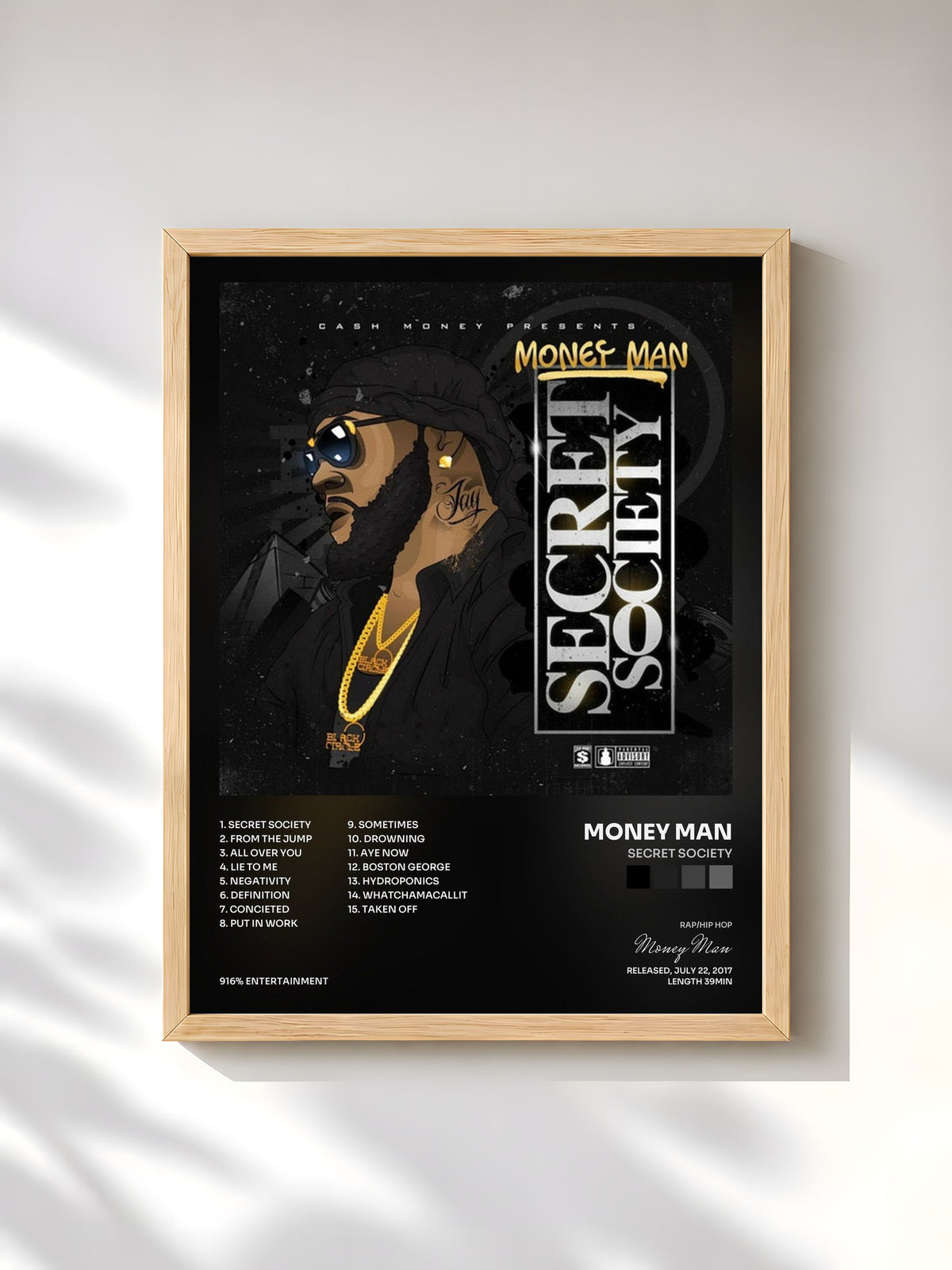 #bois Tableau de l'album Secret Society de Money Man, cadre en bois brut, imprimé et encadré en France