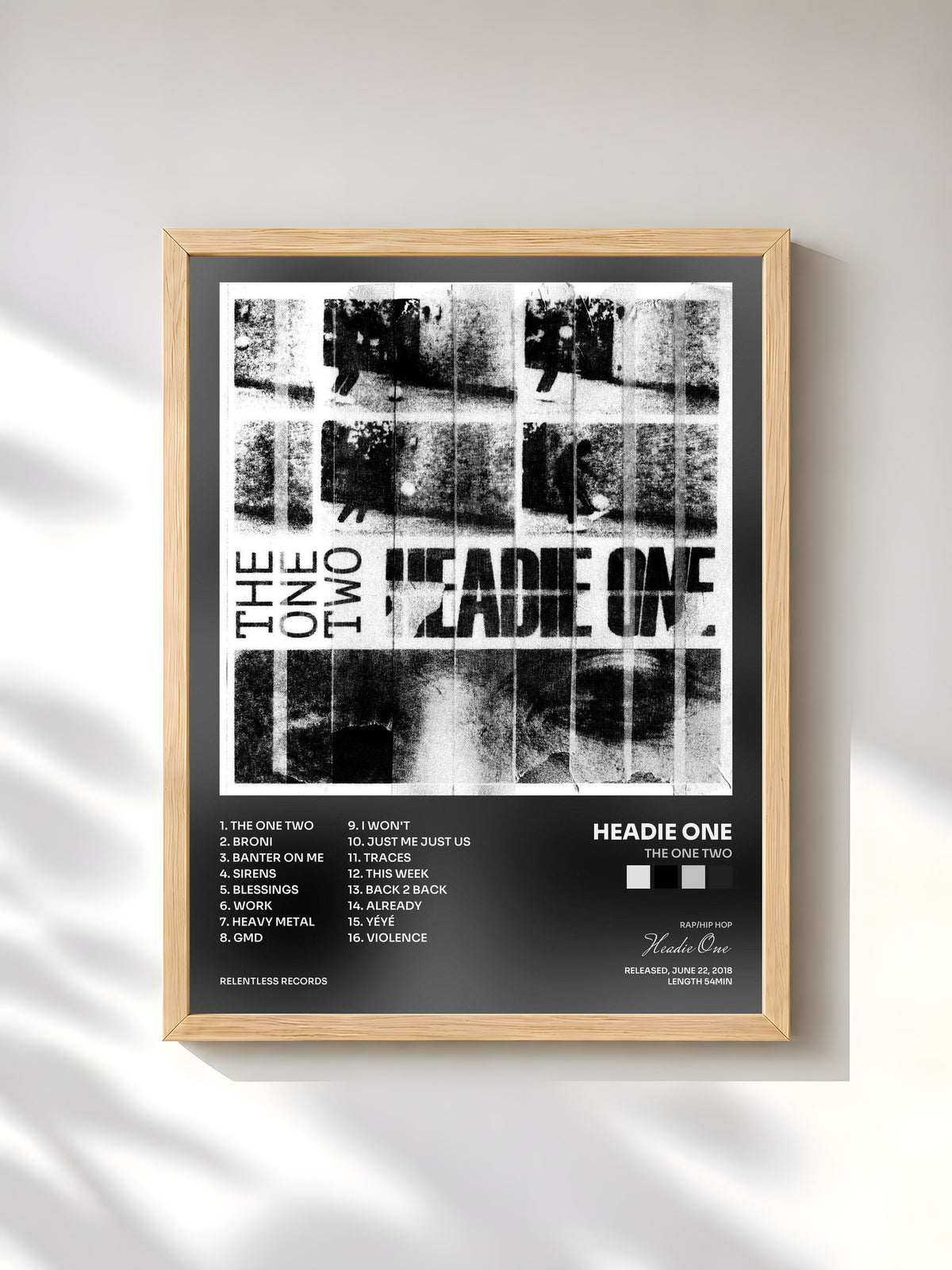 #bois Tableau de l'album The One Two de Headie One, cadre en bois brut, imprimé et encadré en France