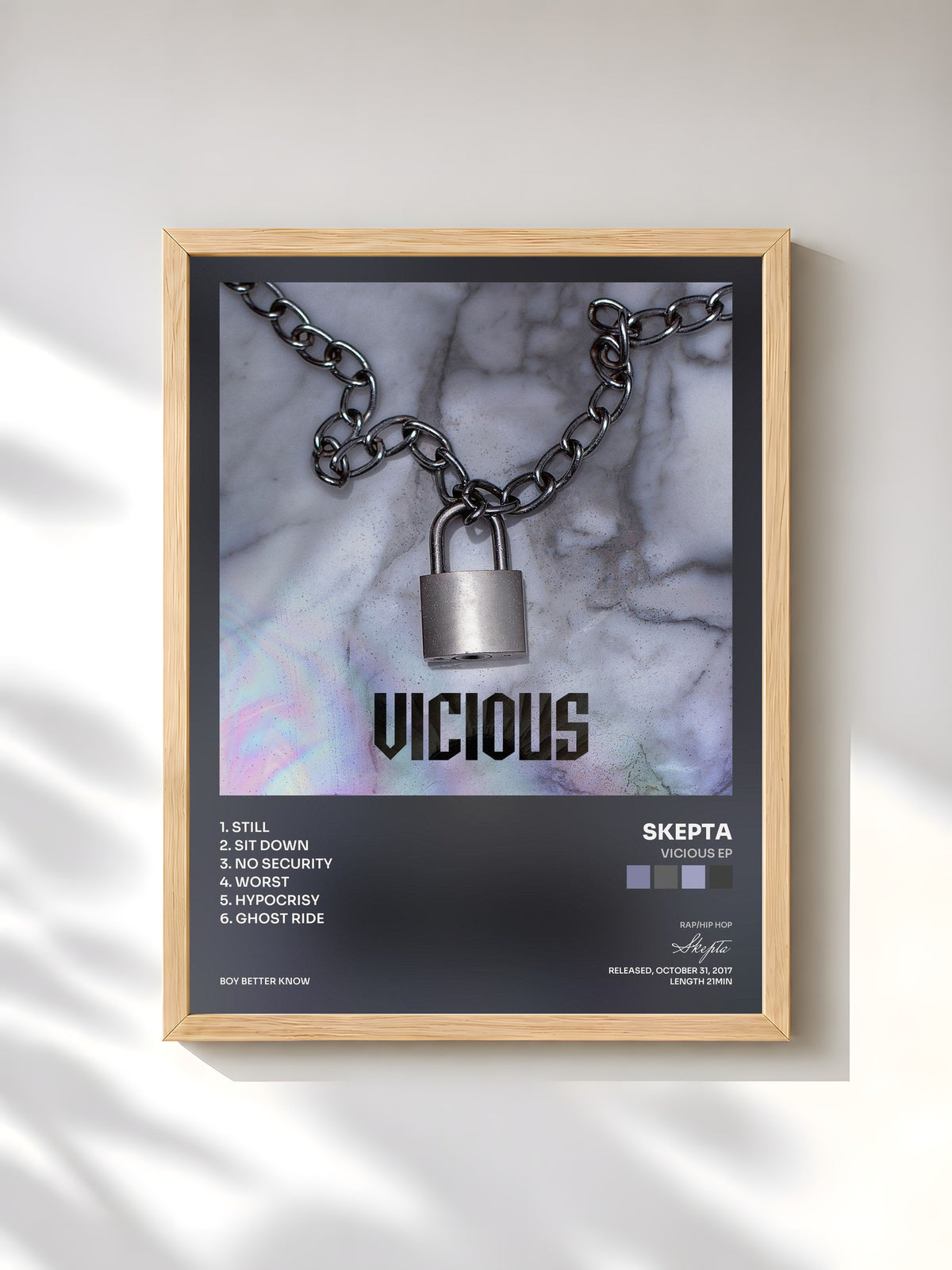 #bois Tableau de l'album Vicious EP de Skepta, cadre en bois brut, imprimé et encadré en France