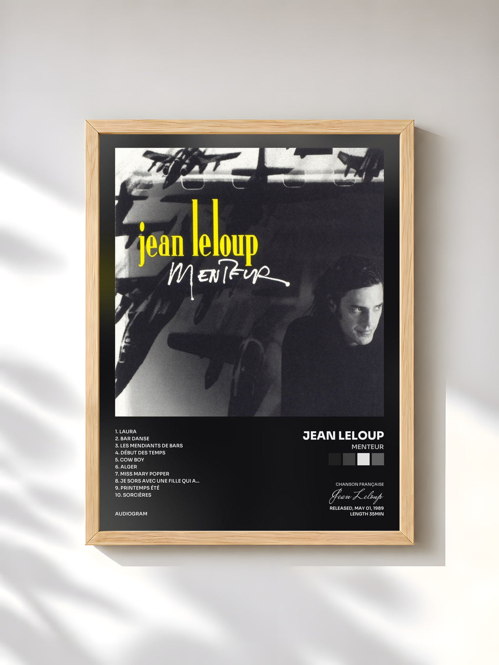 #bois Tableau de l'album Menteur de Jean Leloup, cadre en bois brut, imprimé et encadré en France