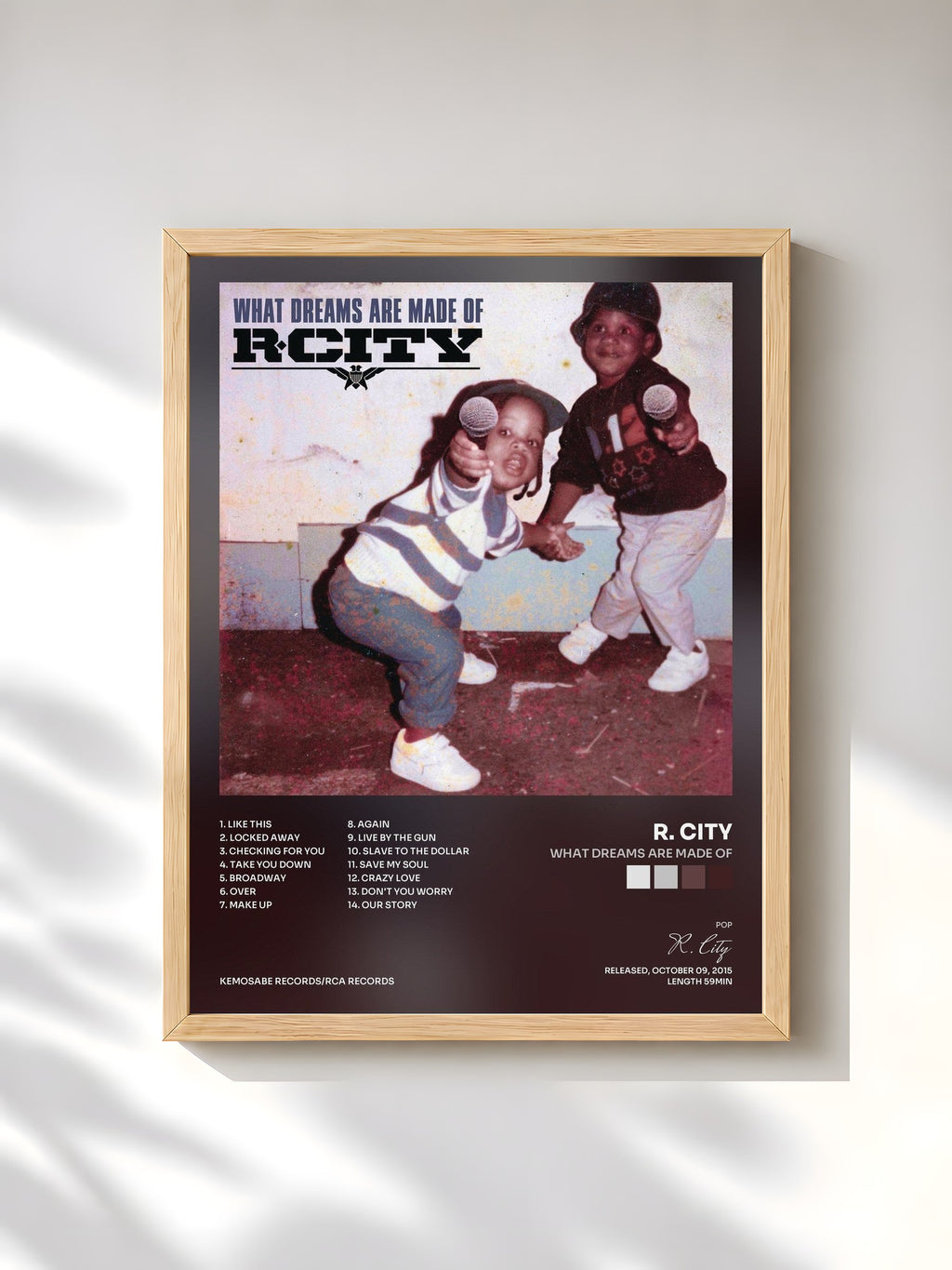 #bois Tableau de l'album What Dreams Are Made Of de R. City, cadre en bois brut, imprimé et encadré en France