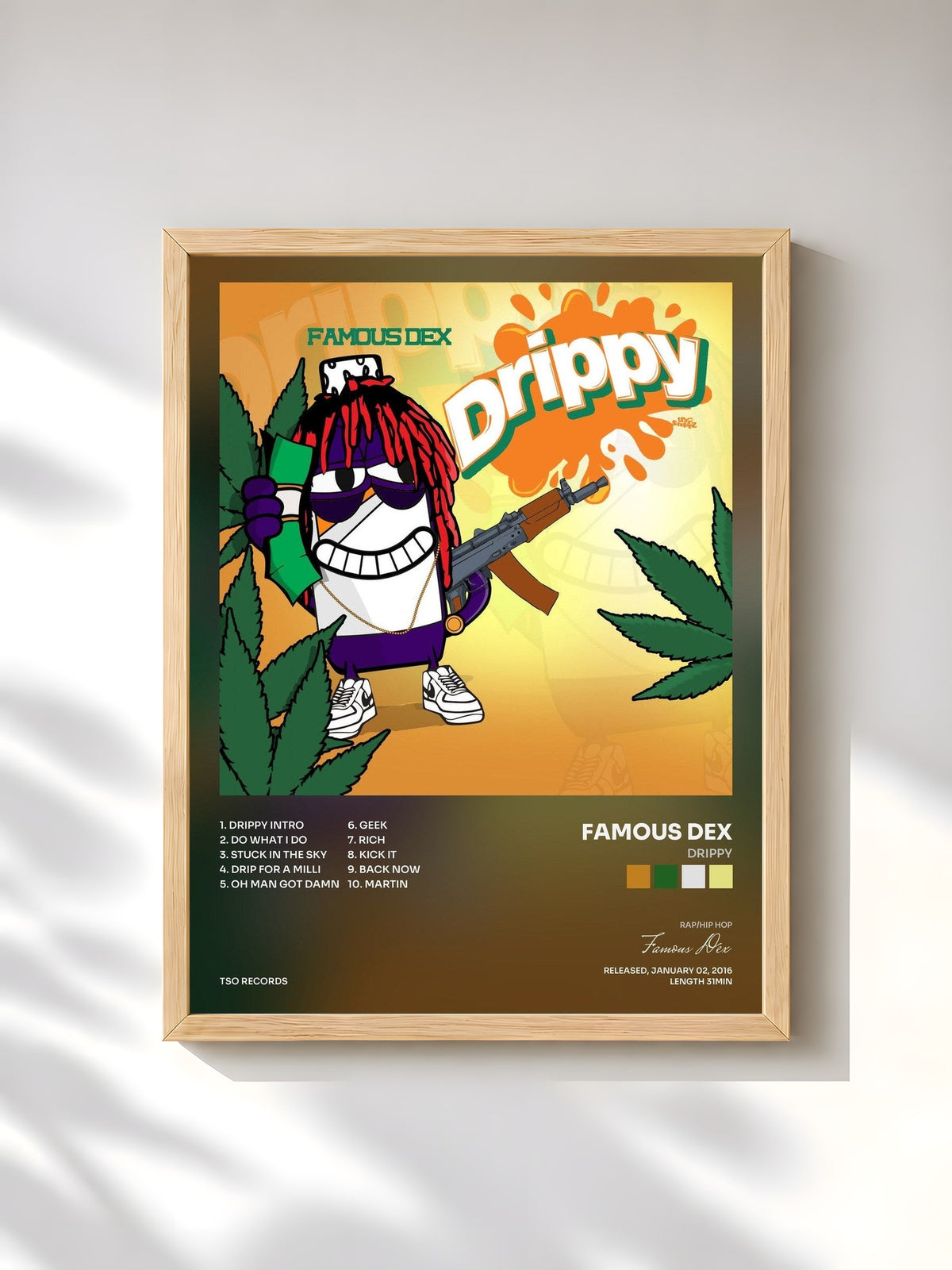 #bois Tableau de l'album Drippy de Famous Dex, cadre en bois brut, imprimé et encadré en France