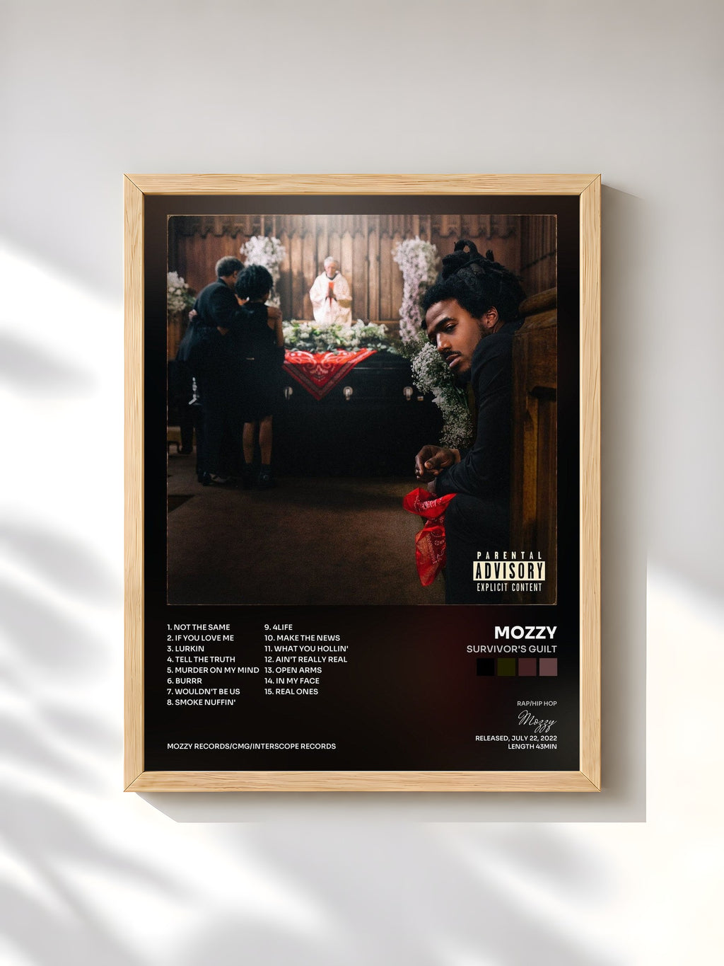 #bois Tableau de l'album Survivor's Guilt de Mozzy, cadre en bois brut, imprimé et encadré en France