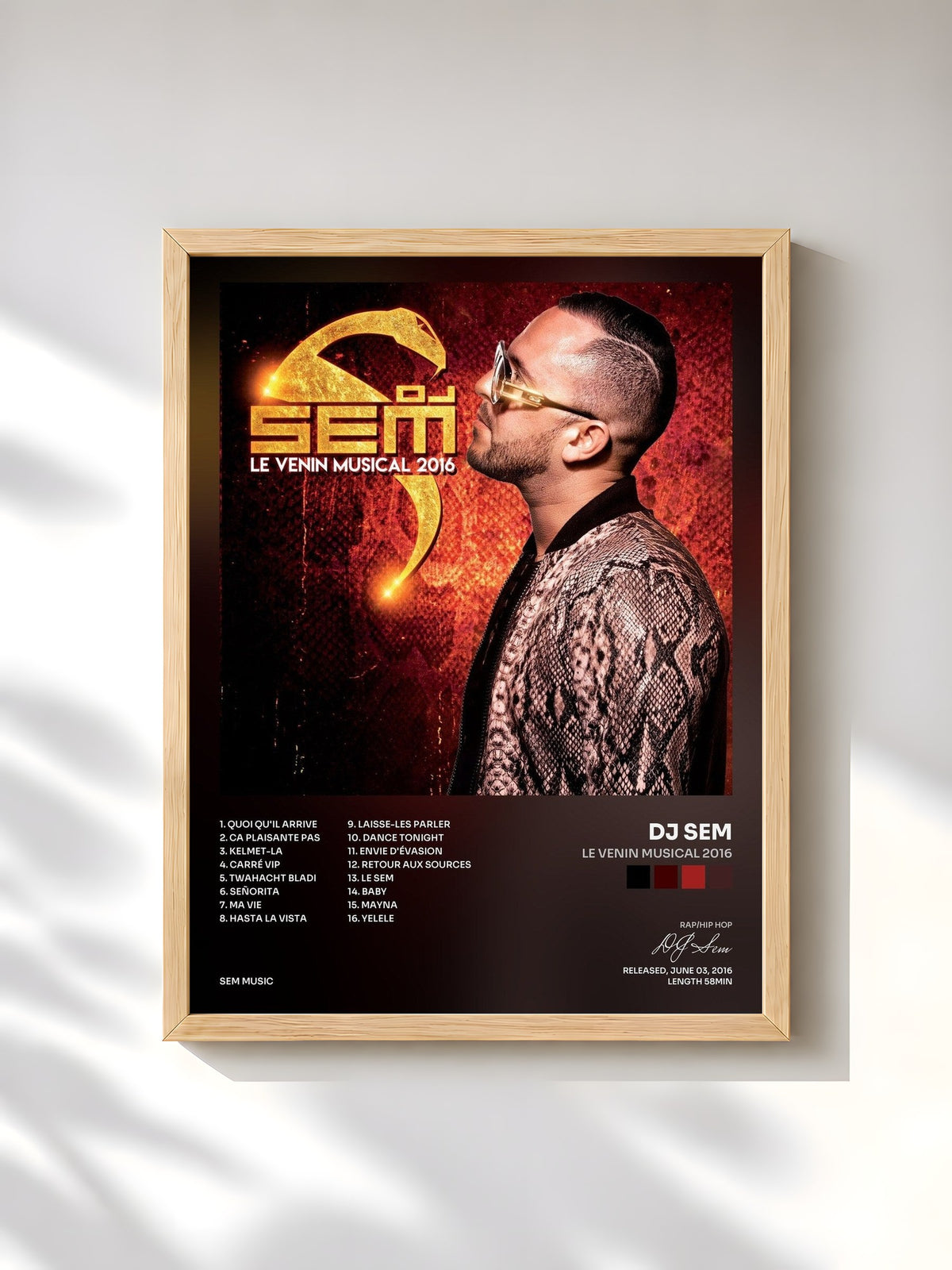 #bois Tableau de l'album Le venin musical 2016 de DJ Sem, cadre en bois brut, imprimé et encadré en France