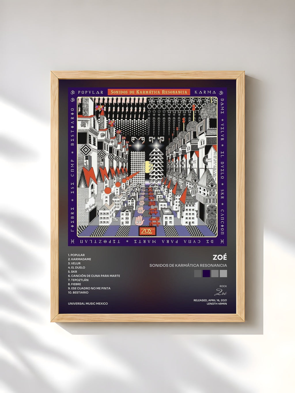 #bois Tableau de l'album Sonidos De Karmática Resonancia de Zoé, cadre en bois brut, imprimé et encadré en France