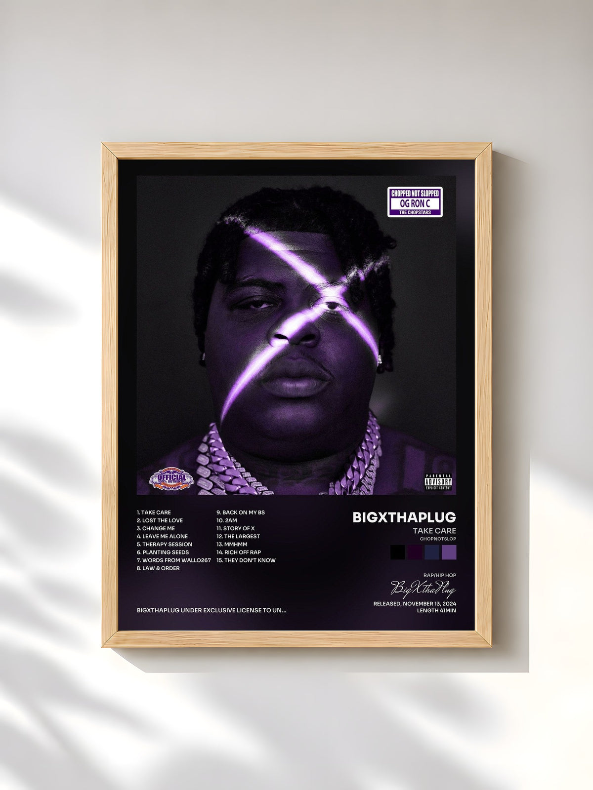 #bois Tableau de l'album TAKE CARE (ChopNotSlop) de BigXthaPlug, cadre en bois brut, imprimé et encadré en France