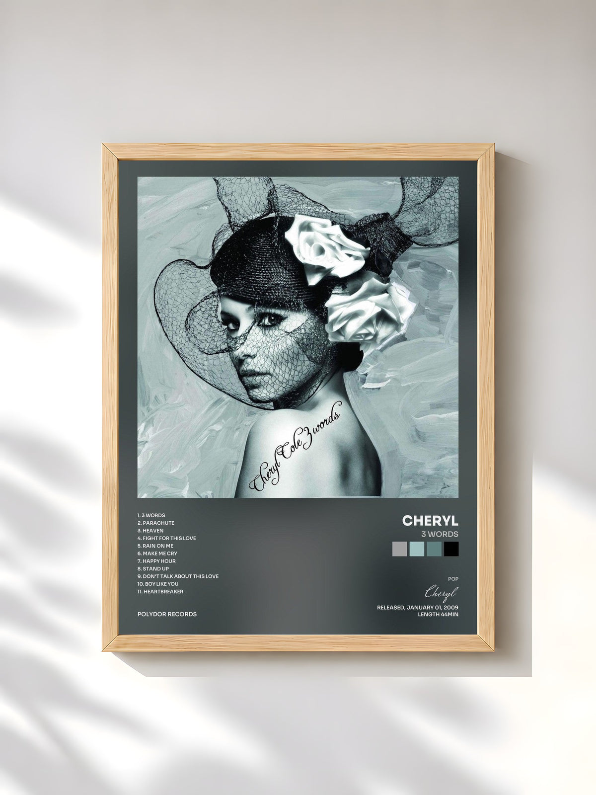 #bois Tableau de l'album 3 Words de Cheryl, cadre en bois brut, imprimé et encadré en France