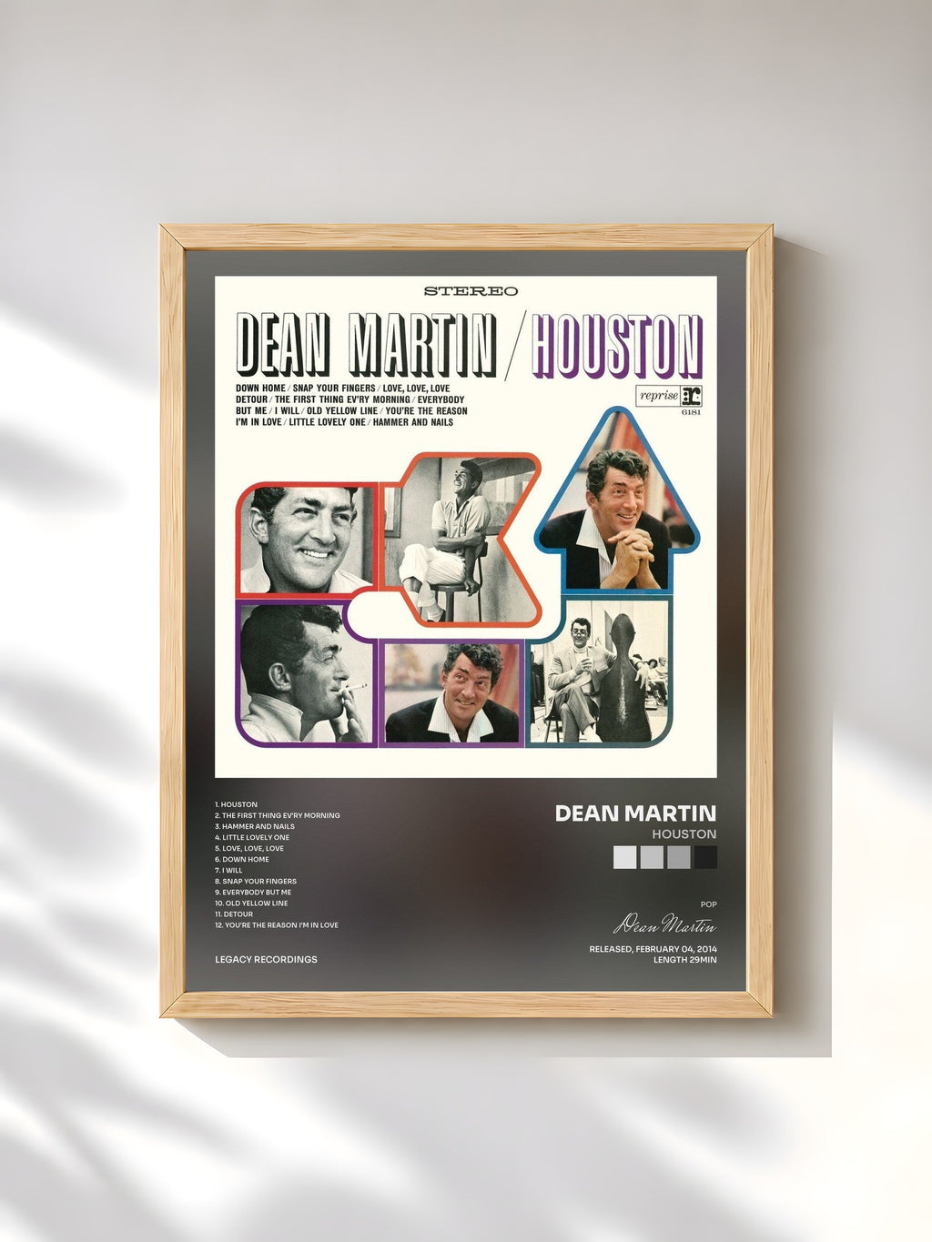 #bois Tableau de l'album Houston de Dean Martin, cadre en bois brut, imprimé et encadré en France