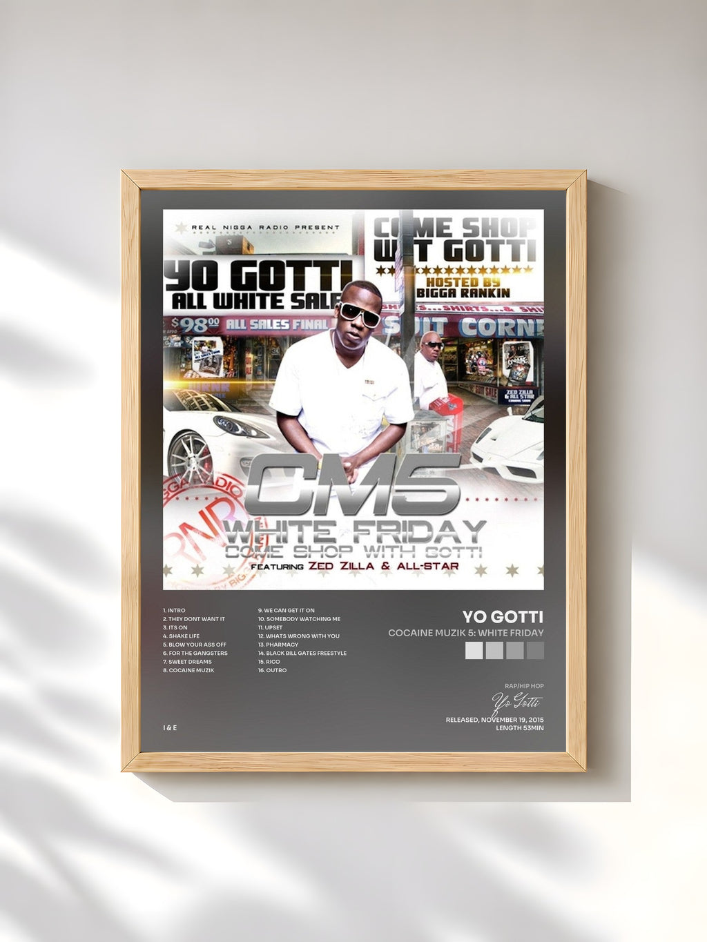 #bois Tableau de l'album Cocaine Muzik 5: White Friday de Yo Gotti, cadre en bois brut, imprimé et encadré en France