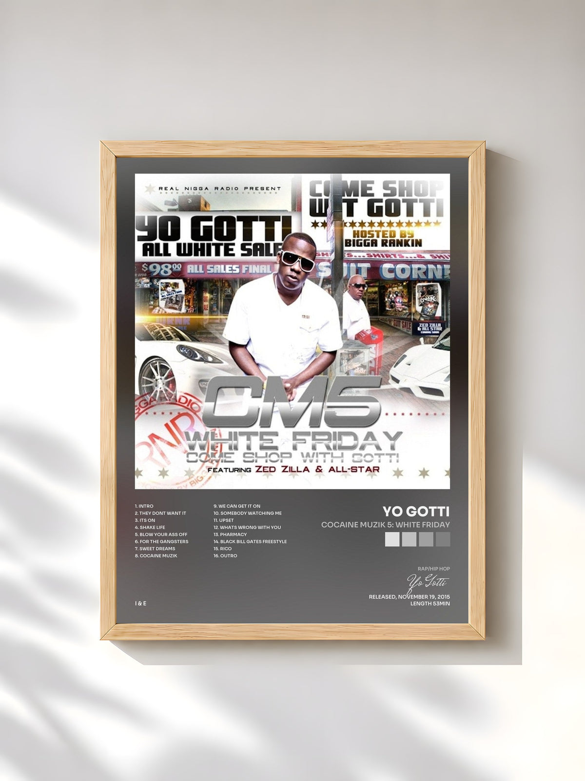 #bois Tableau de l'album Cocaine Muzik 5: White Friday de Yo Gotti, cadre en bois brut, imprimé et encadré en France