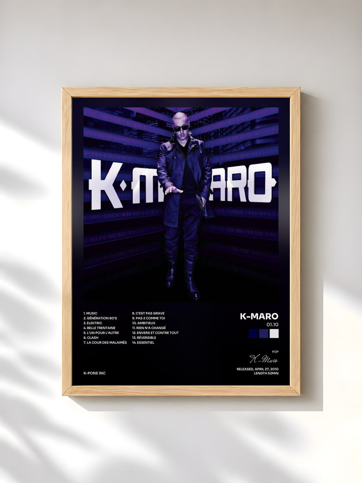 #bois Tableau de l'album 01.10 de K-Maro, cadre en bois brut, imprimé et encadré en France