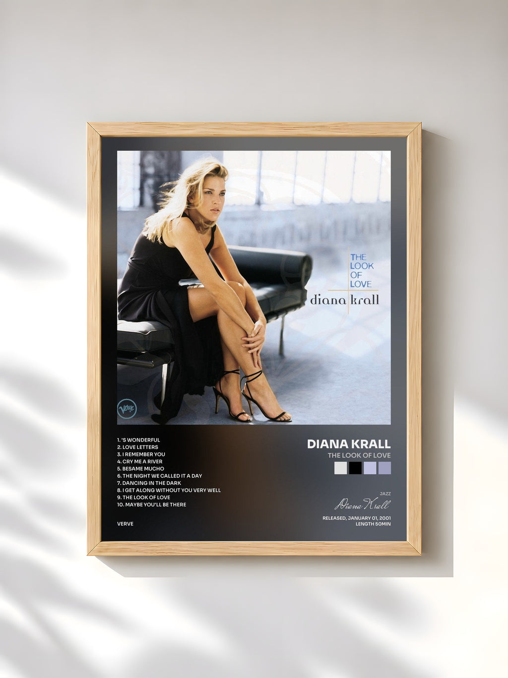 #bois Tableau de l'album The Look Of Love de Diana Krall, cadre en bois brut, imprimé et encadré en France