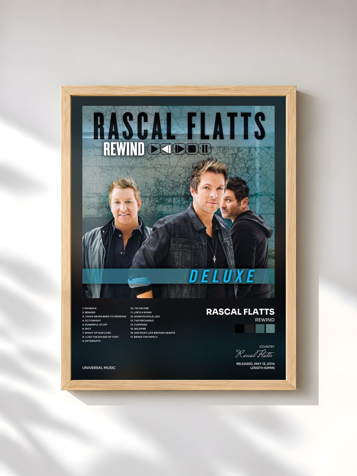 #bois Tableau de l'album Rewind de Rascal Flatts, cadre en bois brut, imprimé et encadré en France