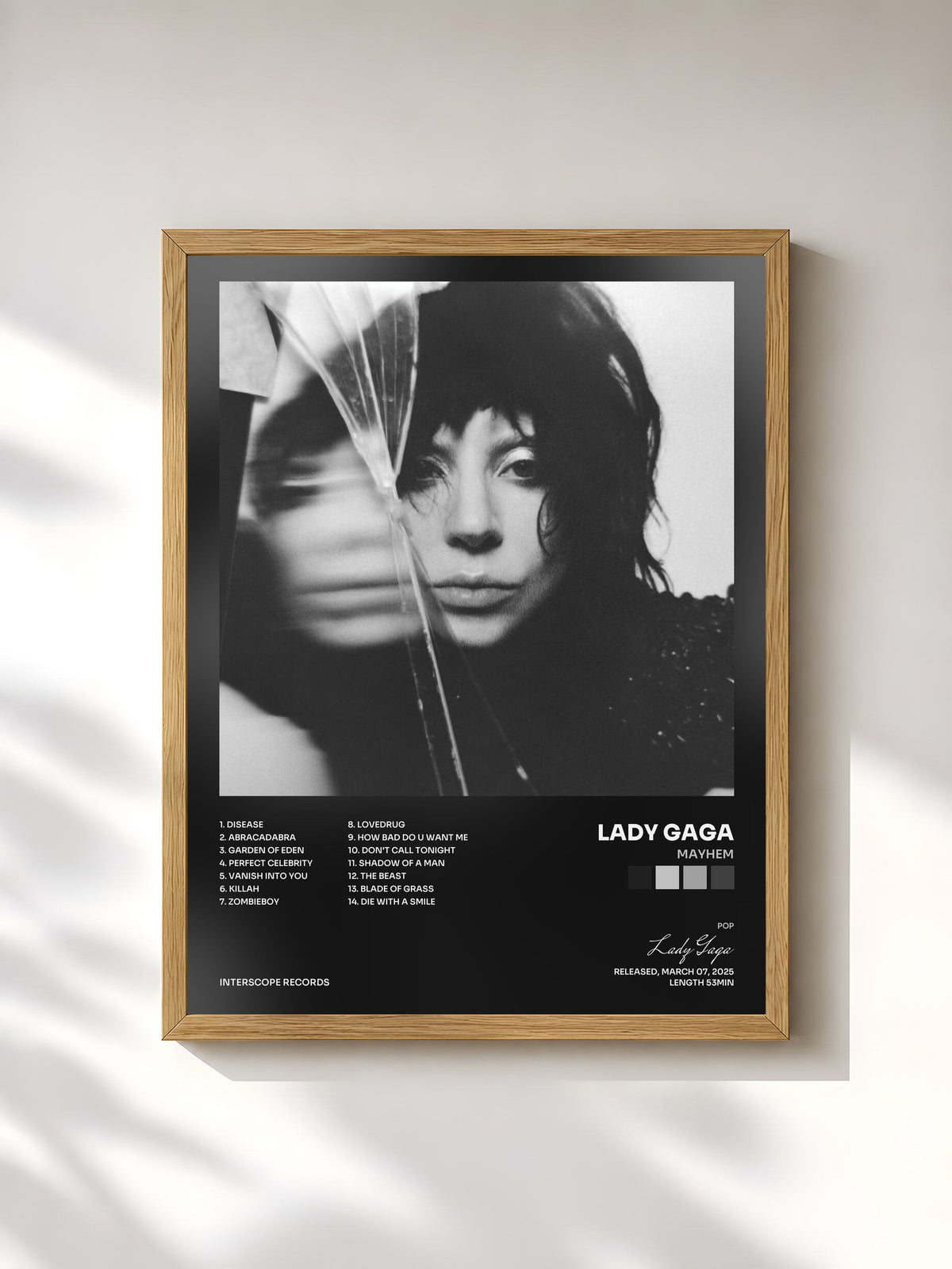 #bois Tableau de l'album MAYHEM de Lady Gaga, cadre en bois brut, imprimé et encadré en France