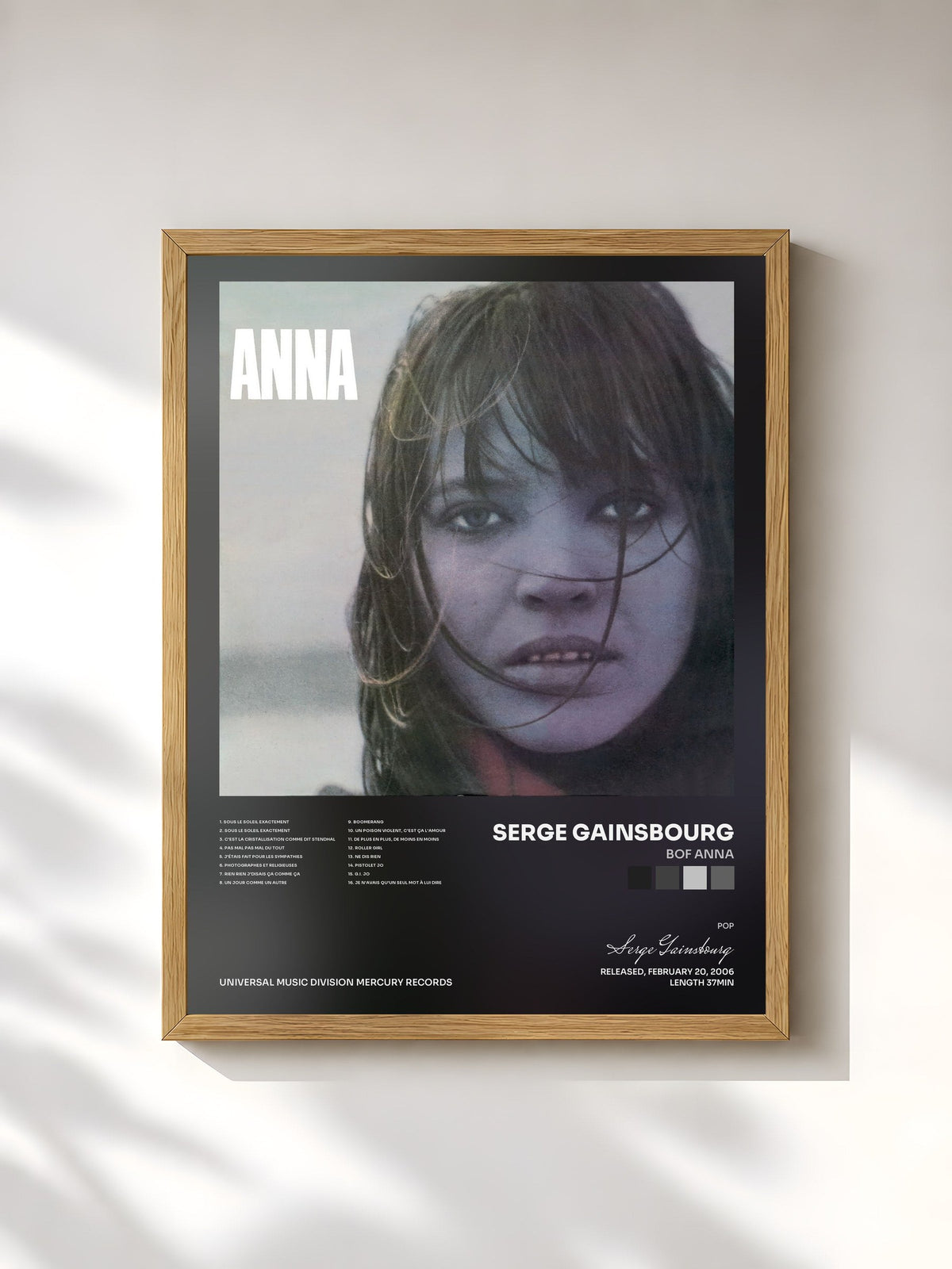 #bois Tableau de l'album BOF Anna de Serge Gainsbourg, cadre en bois brut, imprimé et encadré en France