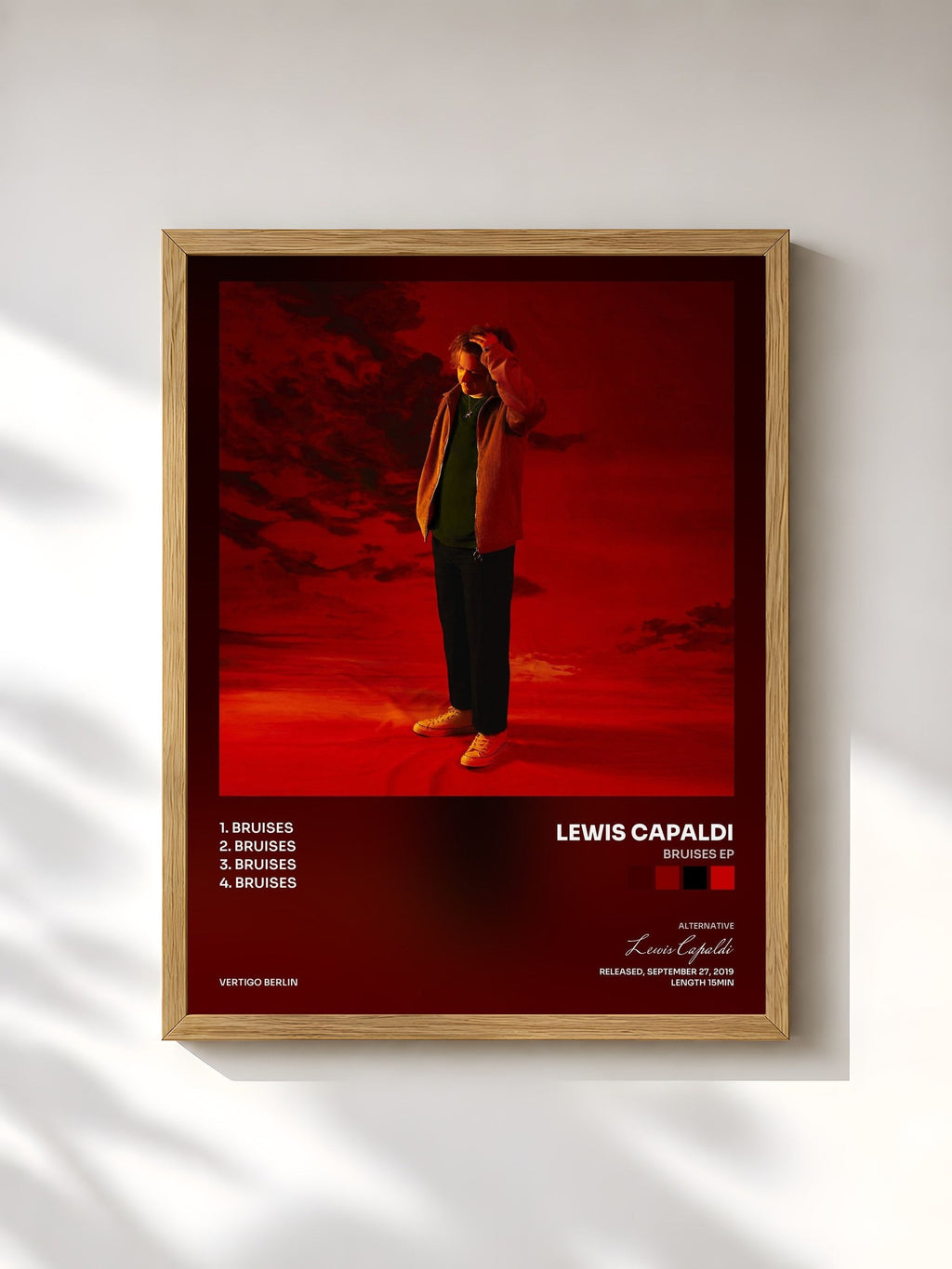 #bois Tableau de l'album Bruises EP de Lewis Capaldi, cadre en bois brut, imprimé et encadré en France