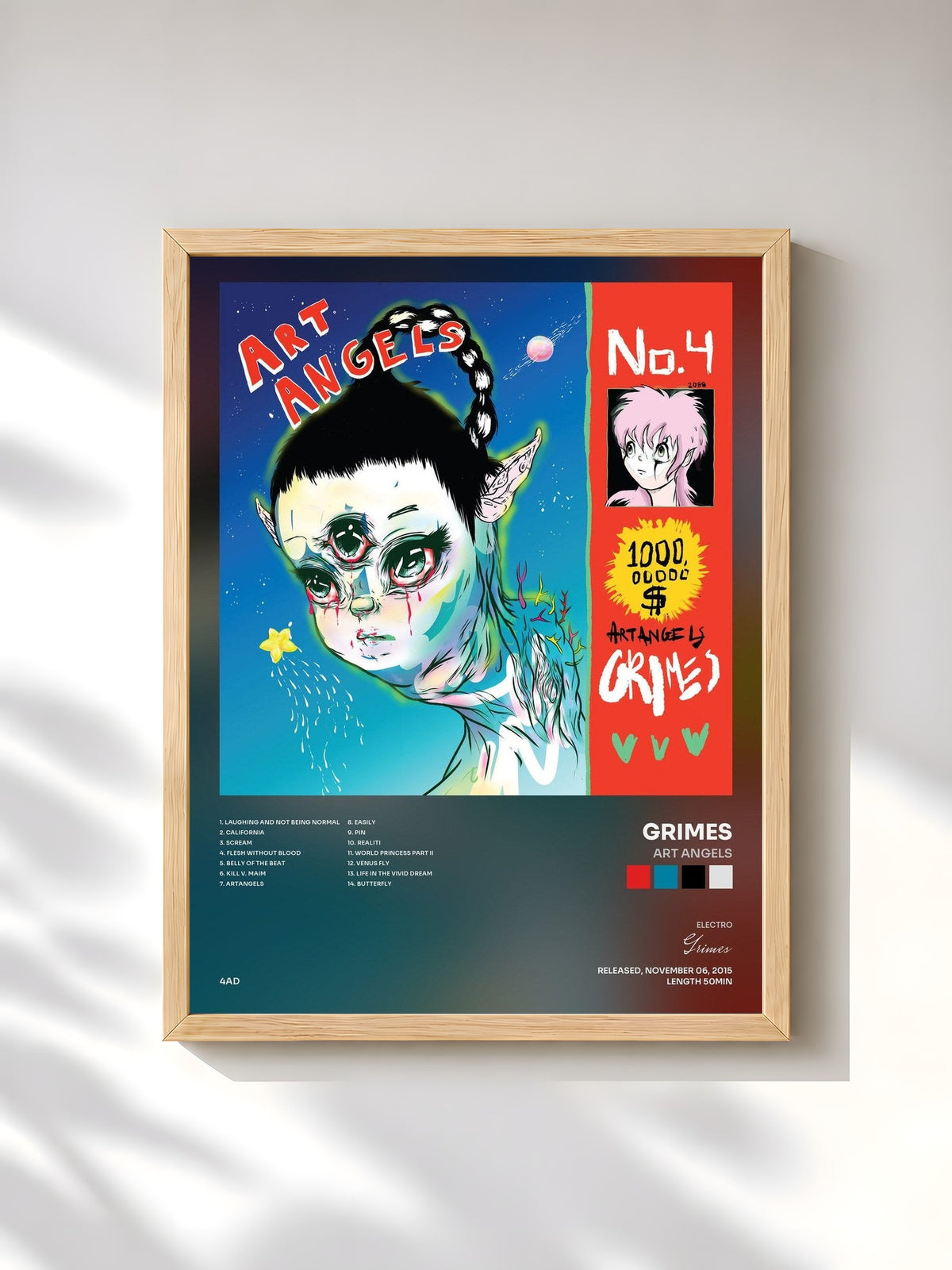 #bois Tableau de l'album Art Angels de Grimes, cadre en bois brut, imprimé et encadré en France