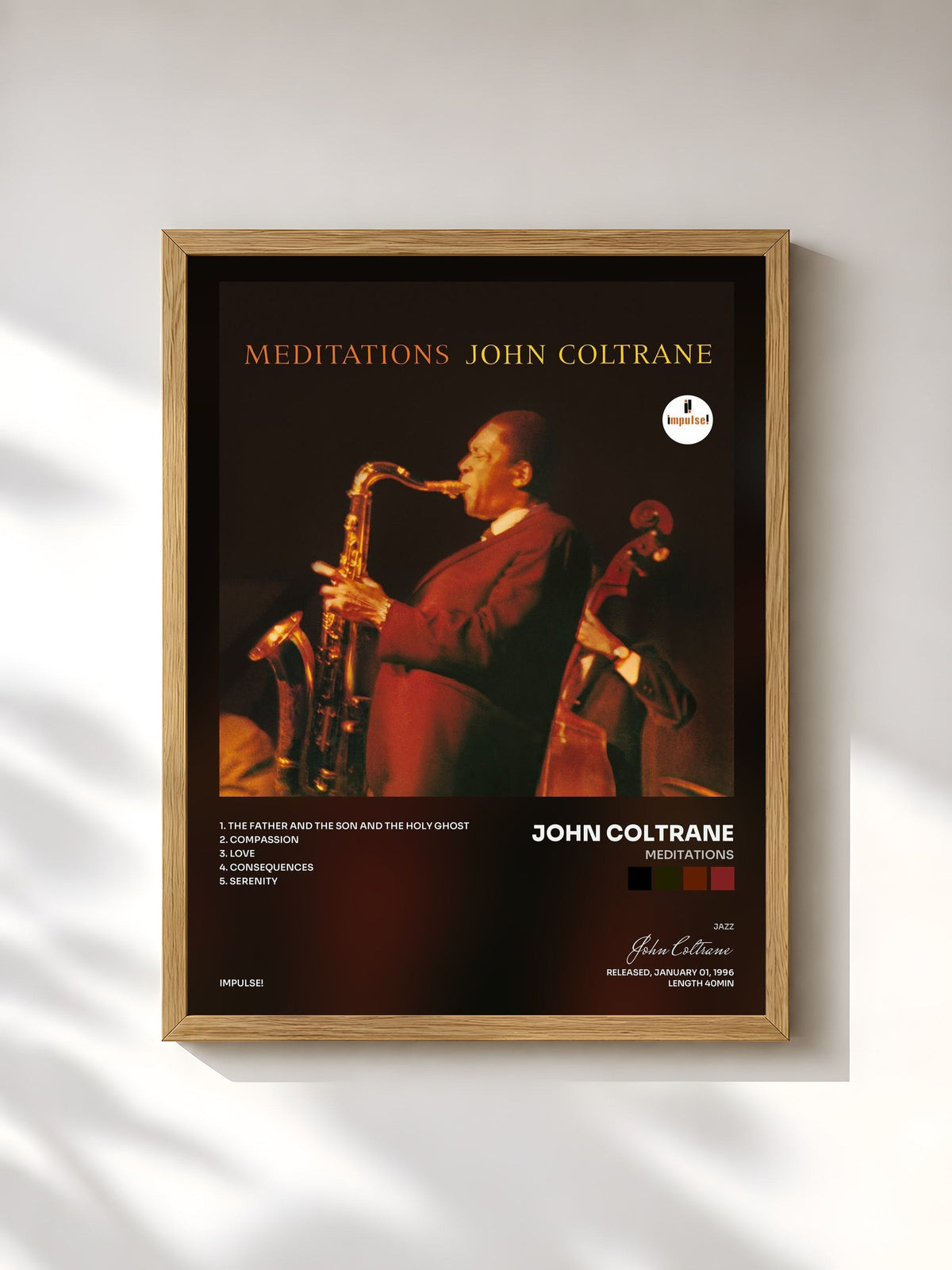 #bois Tableau de l'album Meditations de John Coltrane, cadre en bois brut, imprimé et encadré en France