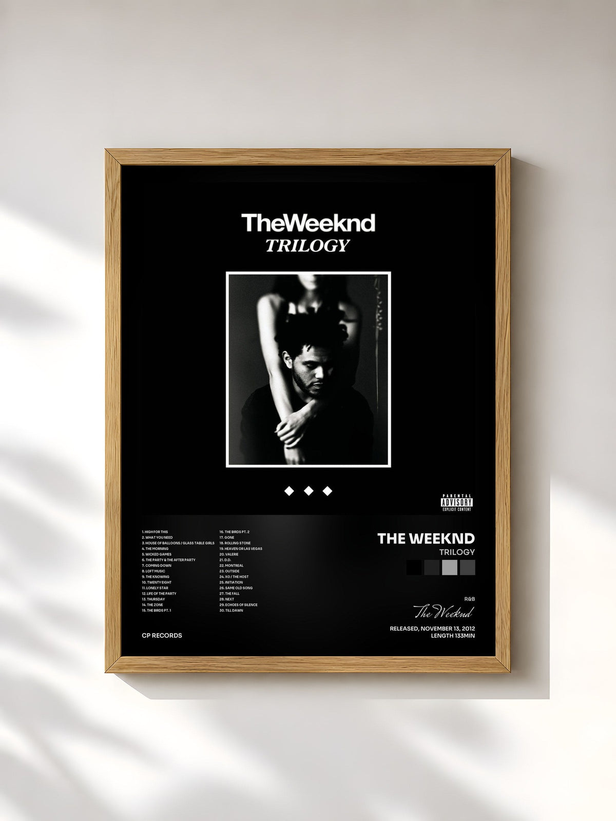 #bois Tableau de l'album Trilogy de The Weeknd, cadre en bois brut, imprimé et encadré en France