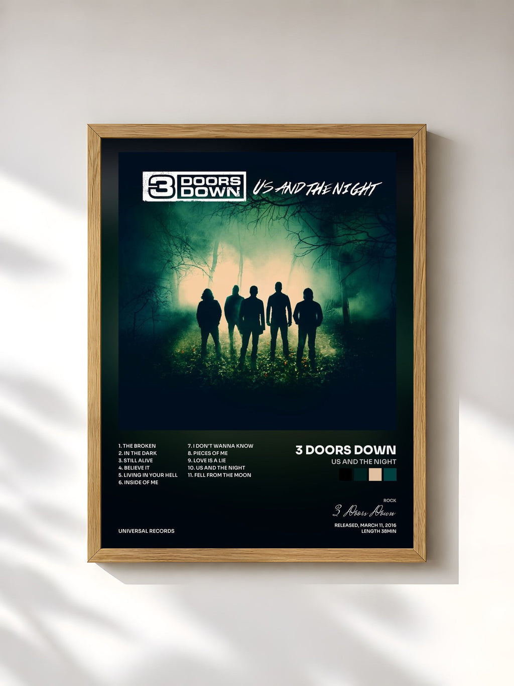 #bois Tableau de l'album Us And The Night de 3 Doors Down, cadre en bois brut, imprimé et encadré en France