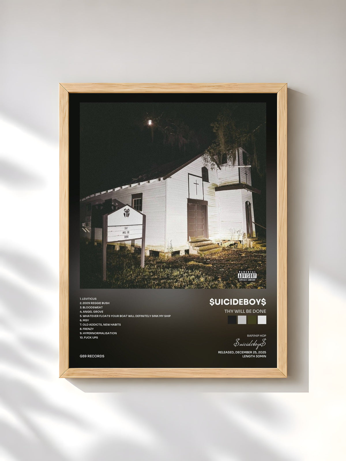 #bois Tableau de l'album THY WILL BE DONE de $uicideboy$, cadre en bois brut, imprimé et encadré en France