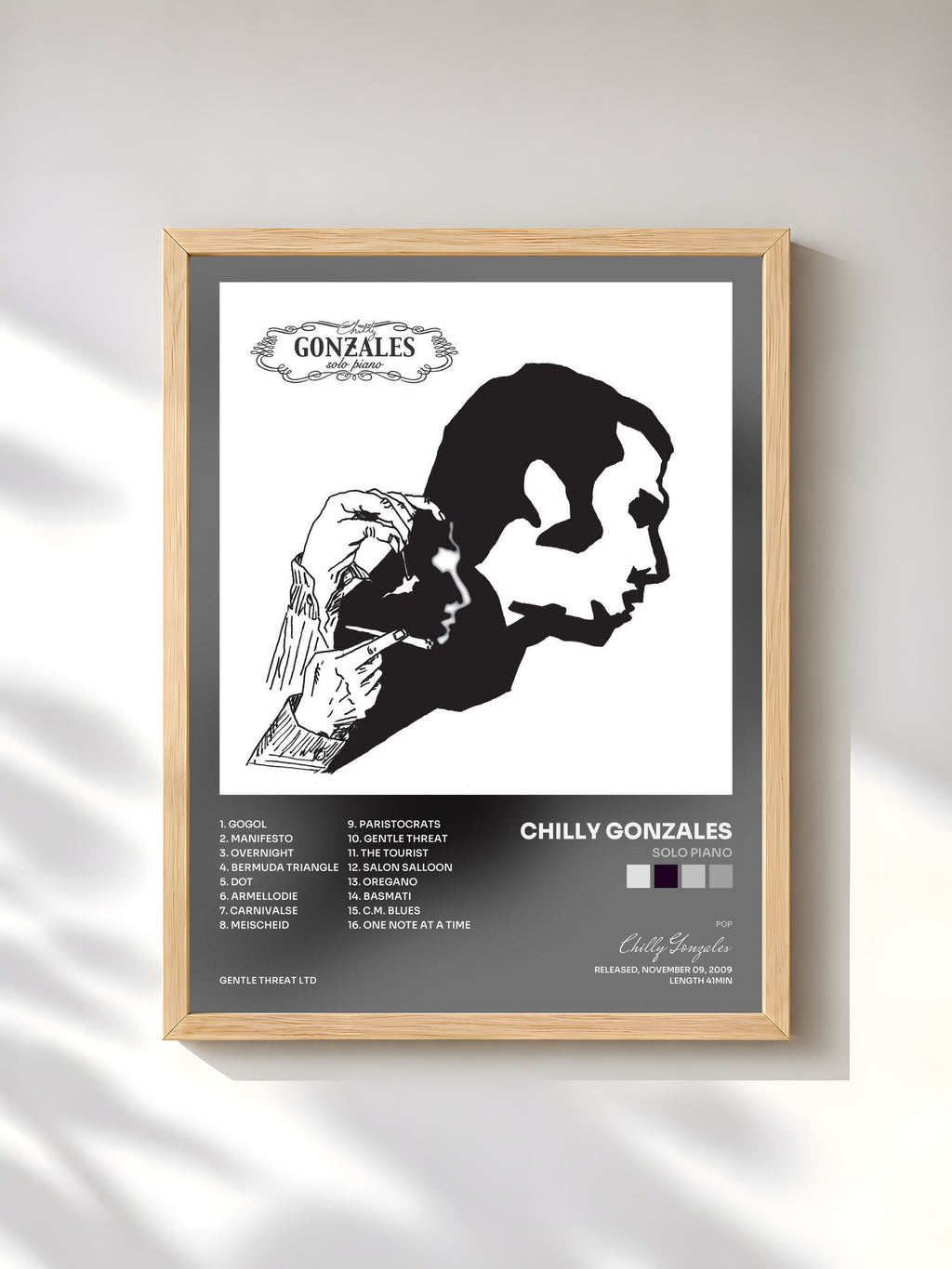 #bois Tableau de l'album Solo Piano de Chilly Gonzales, cadre en bois brut, imprimé et encadré en France