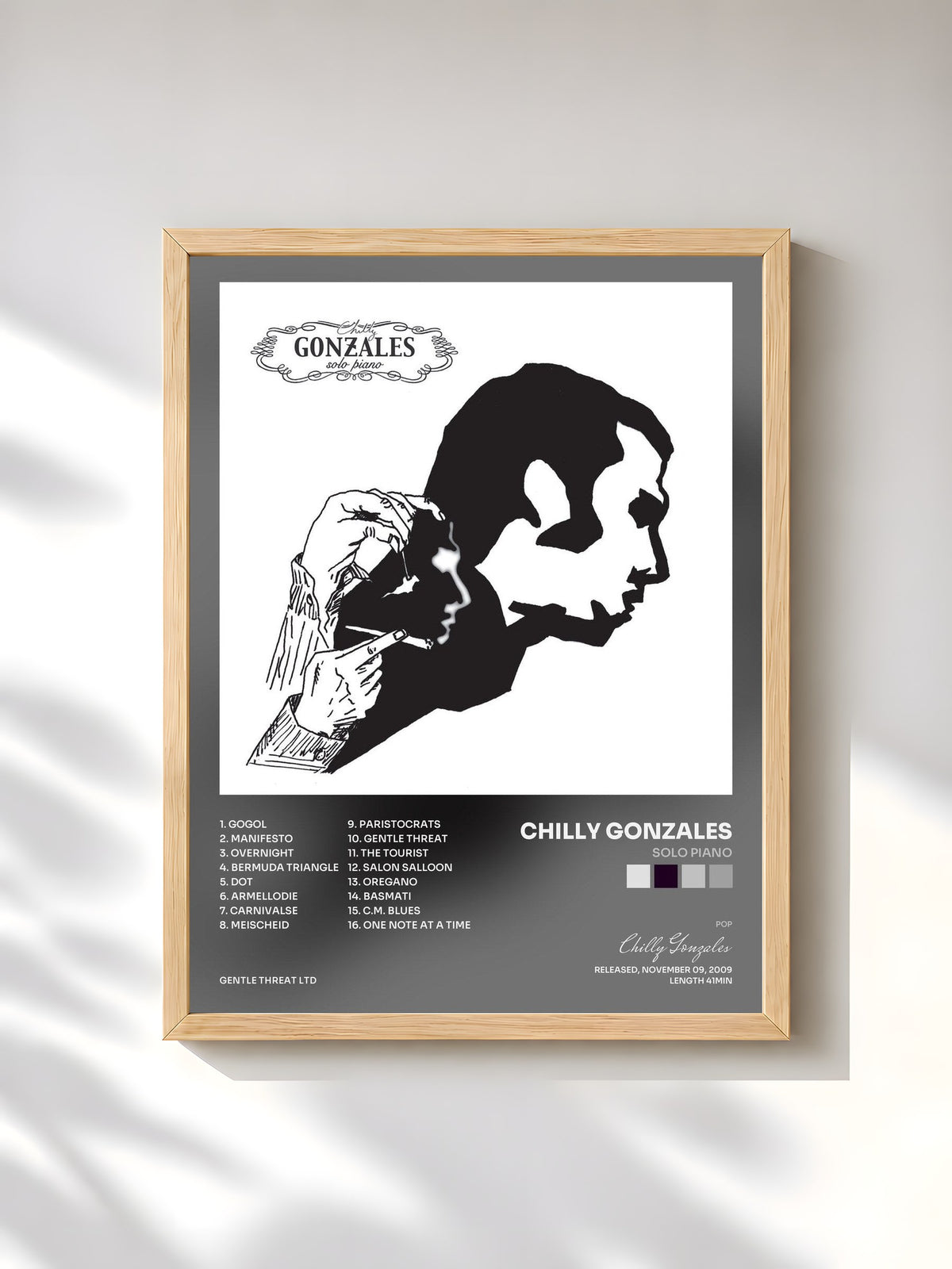 #bois Tableau de l'album Solo Piano de Chilly Gonzales, cadre en bois brut, imprimé et encadré en France