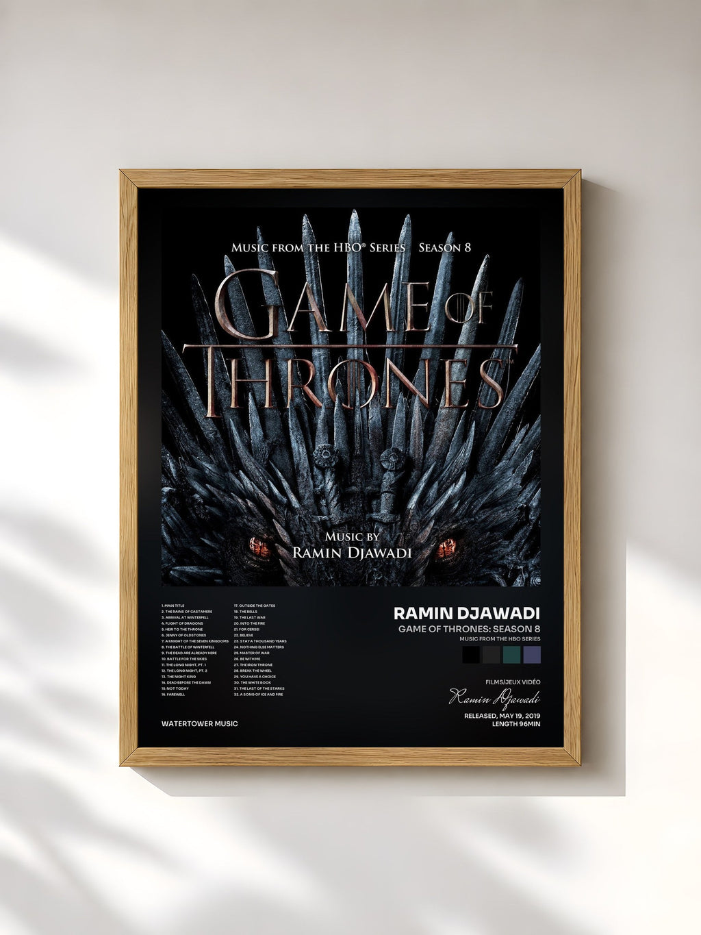 #bois Tableau de l'album Game Of Thrones: Season 8 (Music from the HBO Series) de Ramin Djawadi, cadre en bois brut, imprimé et encadré en France